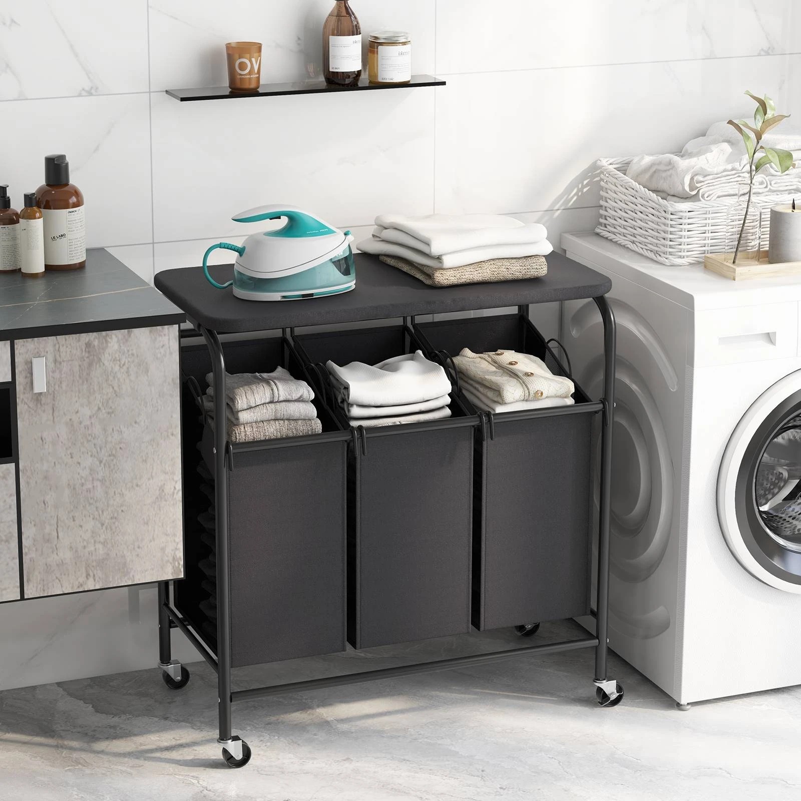 2 Costway 3-Bag Laundry Sorter Cart Heavy Duty Laundry Hamper w/Foldable Ironing Board, 2 of 3
