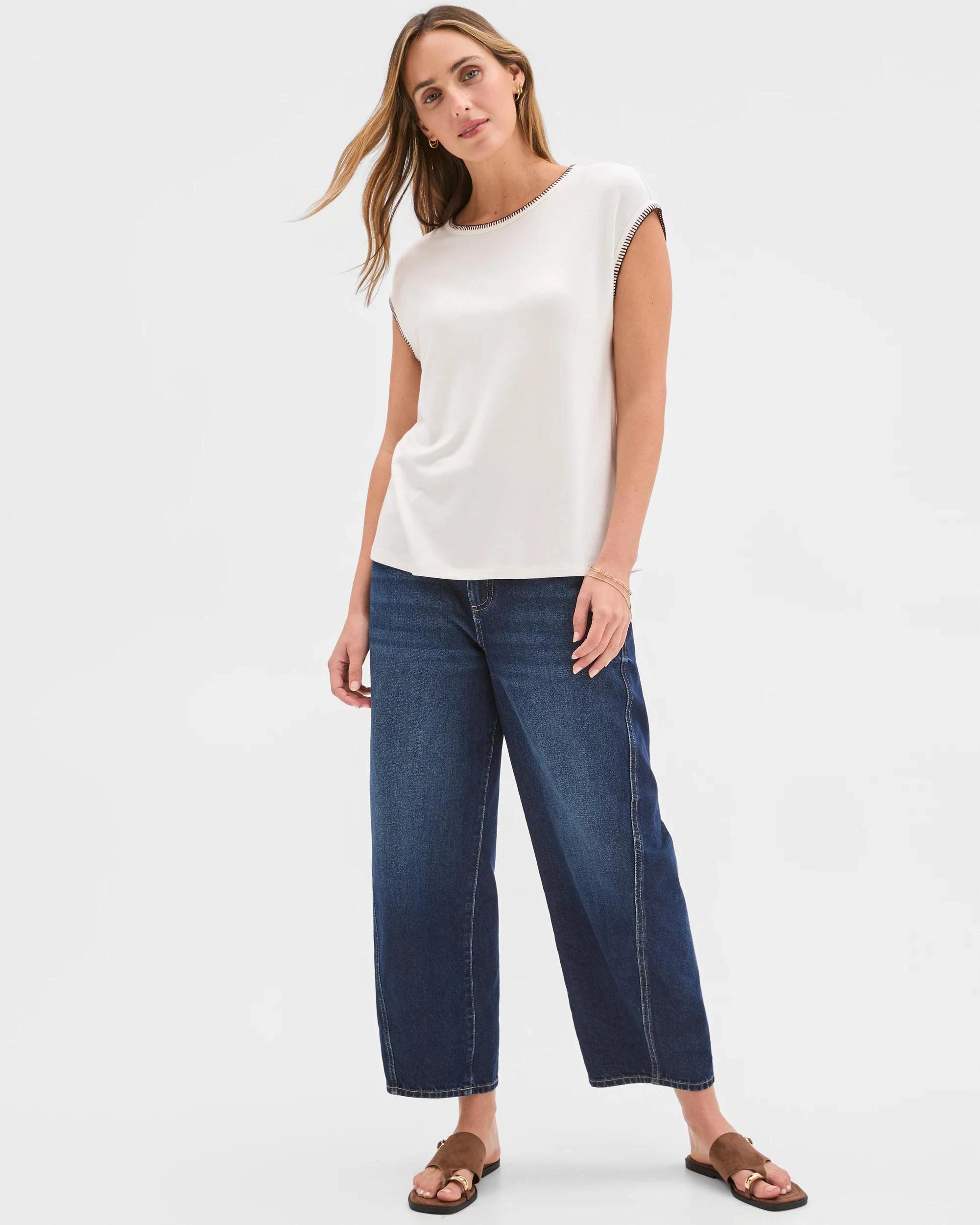 3 Target Woman Short Sleeve Blanket Stitch T-Shirt CLOUD DANCER/ESPRESSO, 3 of 6