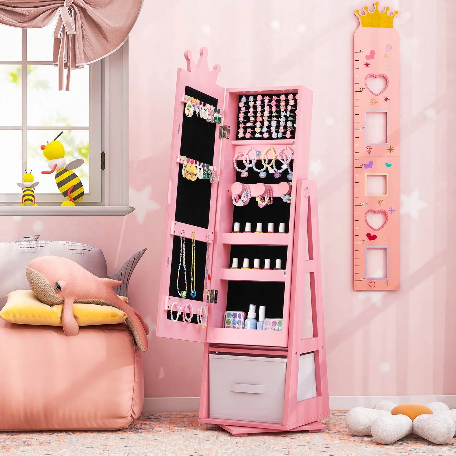 2 Costway 360° Swivel Jewelry Cabinet Armoire Dressing Mirror - Pink, 2 of 3
