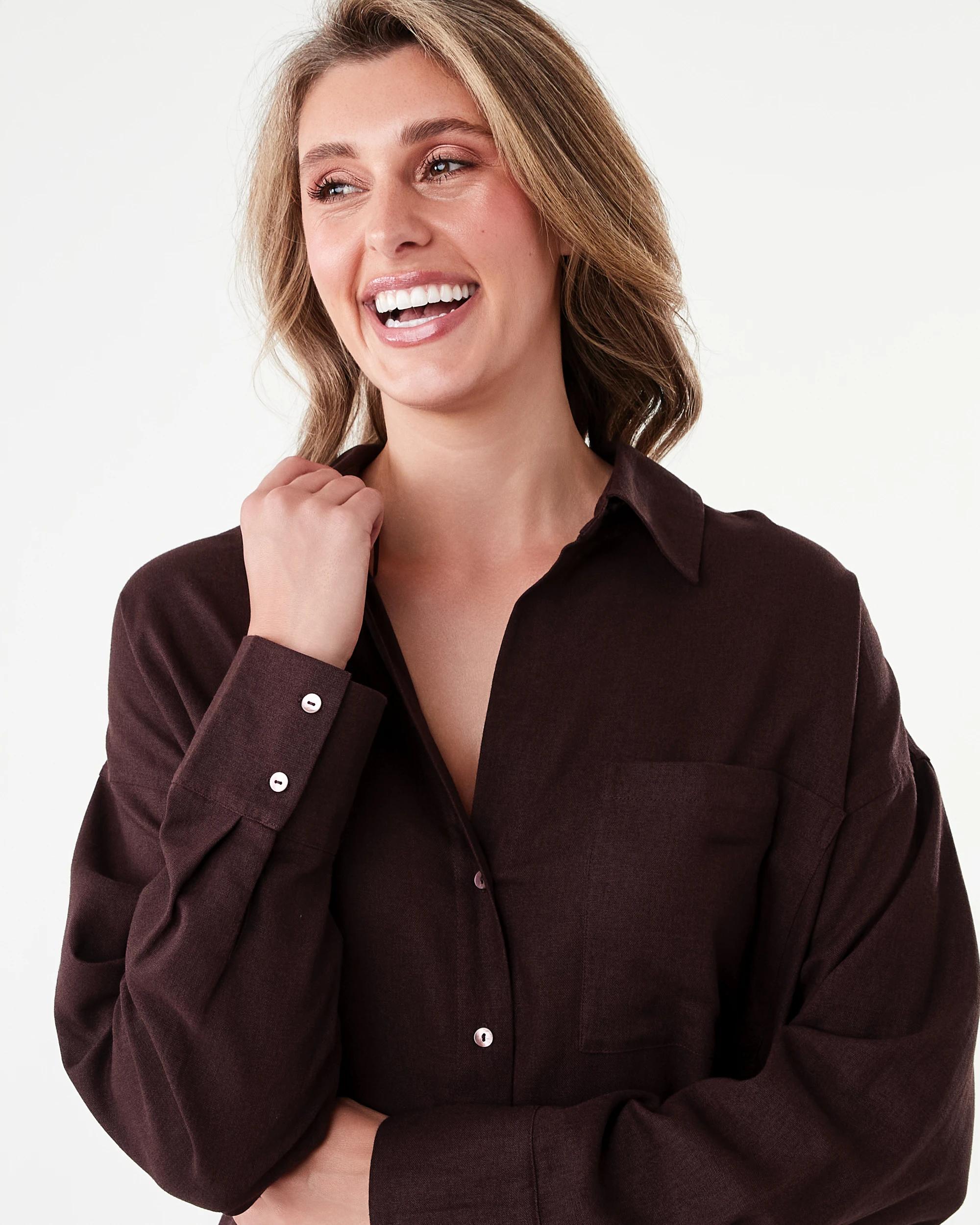 4 Long Sleeve Oversized Linen Blend Shirt Choc Plum, 4 of 8
