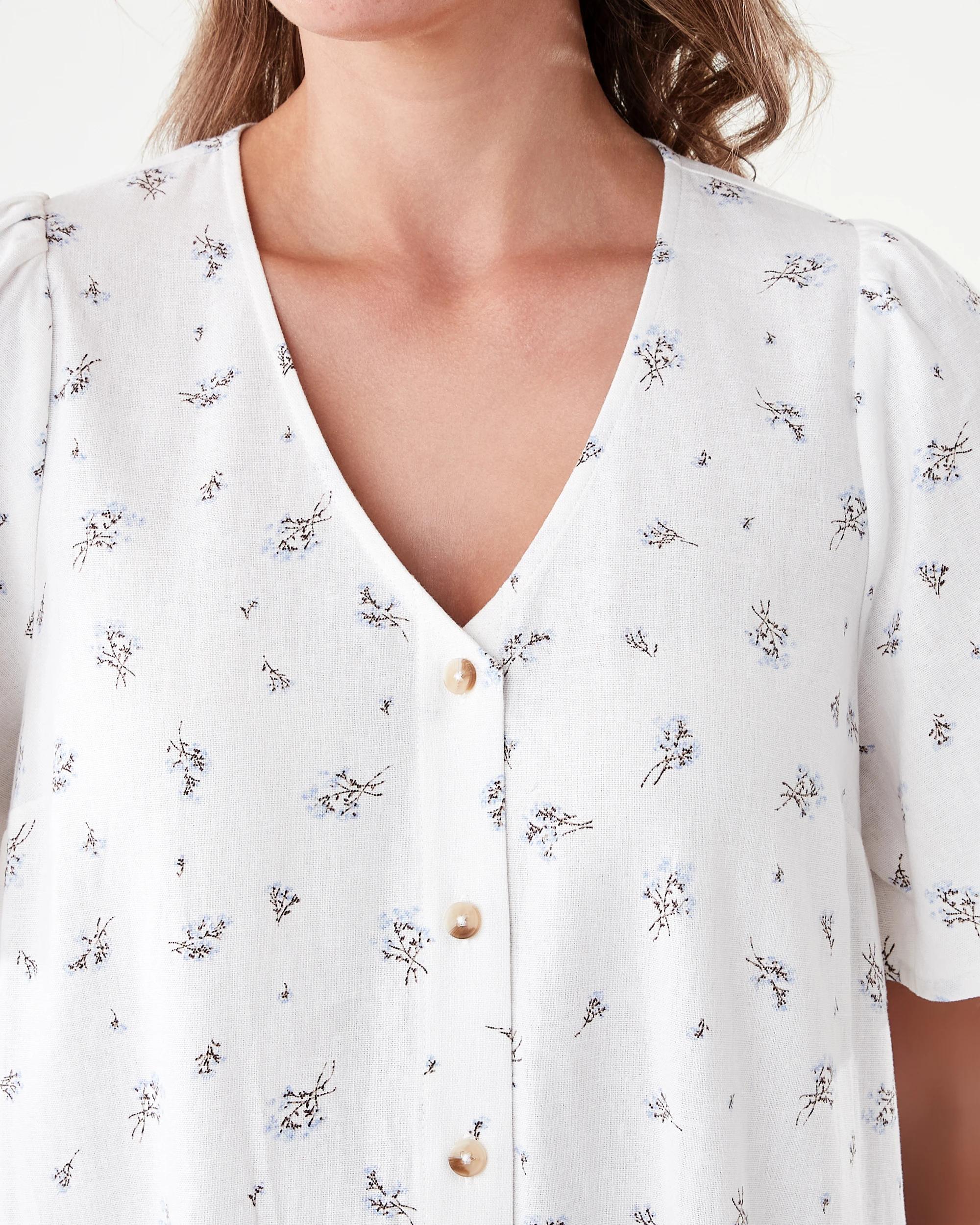 5 Short Sleeve Linen Blend Drop Tier Mini Dress Ditsy, 5 of 9