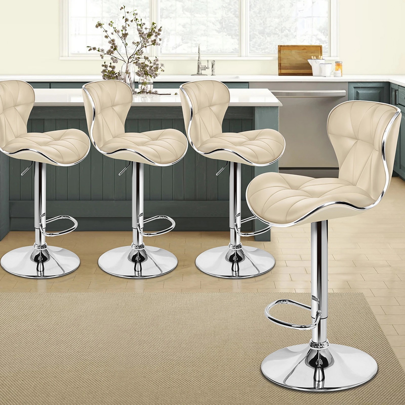 10 Alfordson 4x Bar Stools Luna Kitchen Swivel chair Leather Gas lift - Beige, 10 of 10