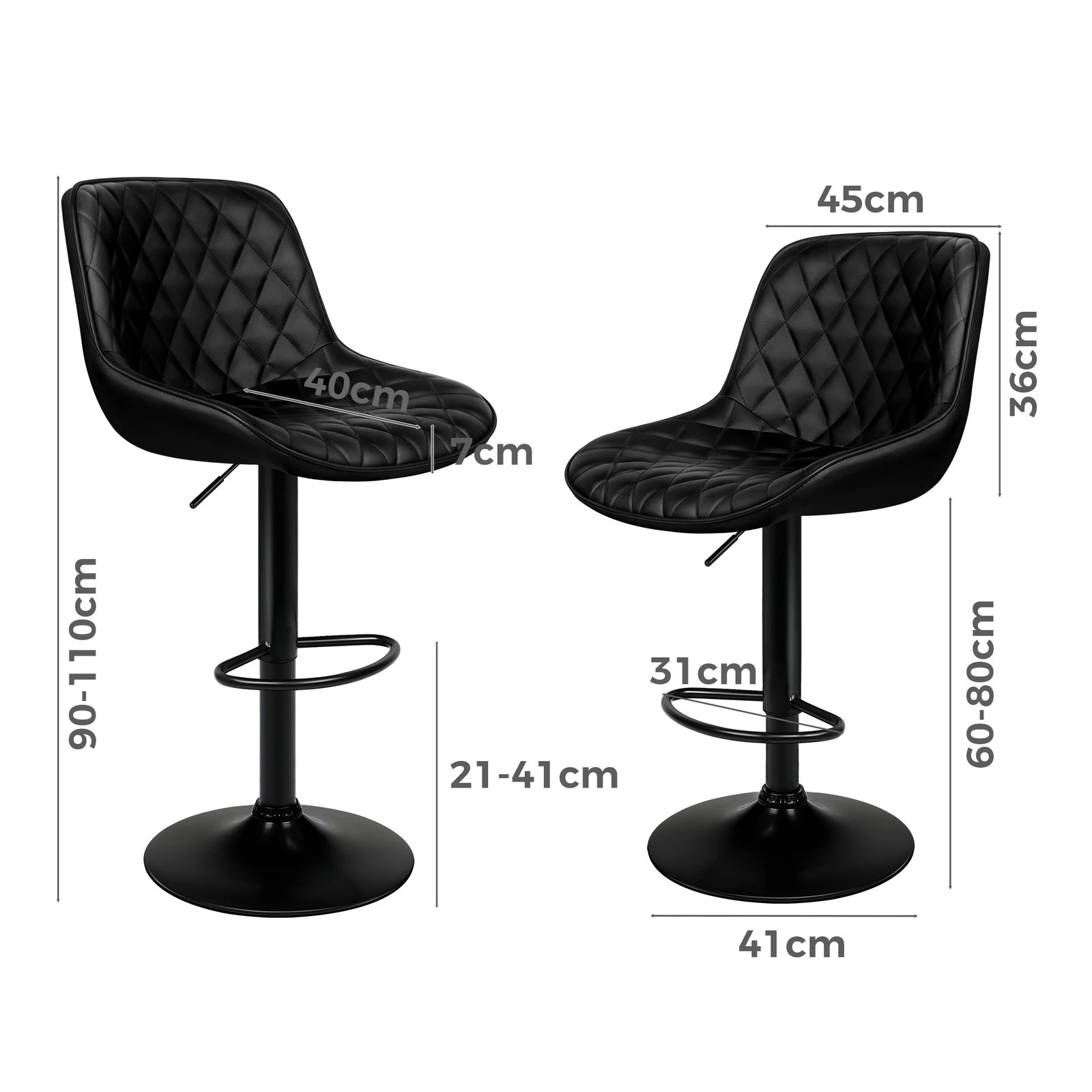 6 Alfordson 2x Bar Stools Gas Lift Leather Bar Chairs Kitchen Swivel - All Black, 6 of 6