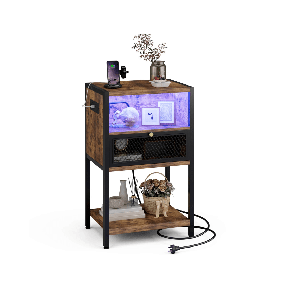 9 Advwin LED Bedside Table with Charging Station Metal Mesh Drawer Nightstand Side Table - Brown, 9 of 9