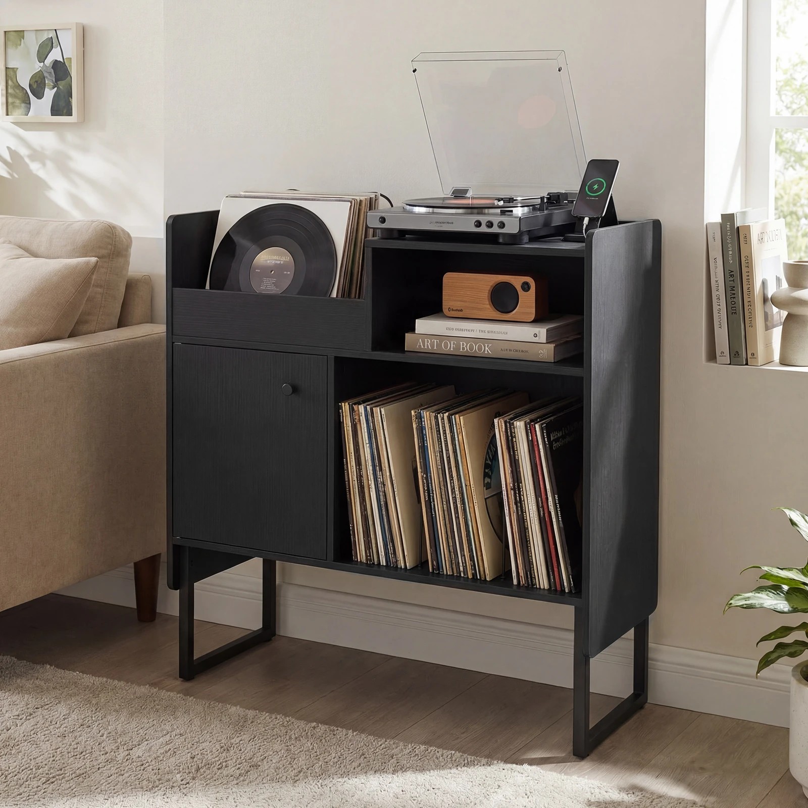 3 Costway Record Player Stand w/Power Outlets Vinyl Storage Turntable Stand - Black, 3 of 6