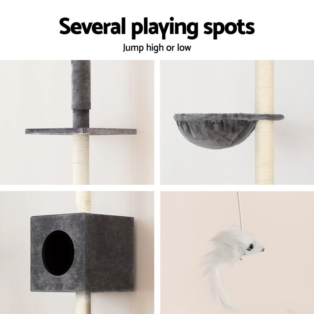 6 I.pet Cat Tree 260cm Tower Scratching Post Scratcher Floor To Ceiling Cats Bed
 - Grey, 6 of 6