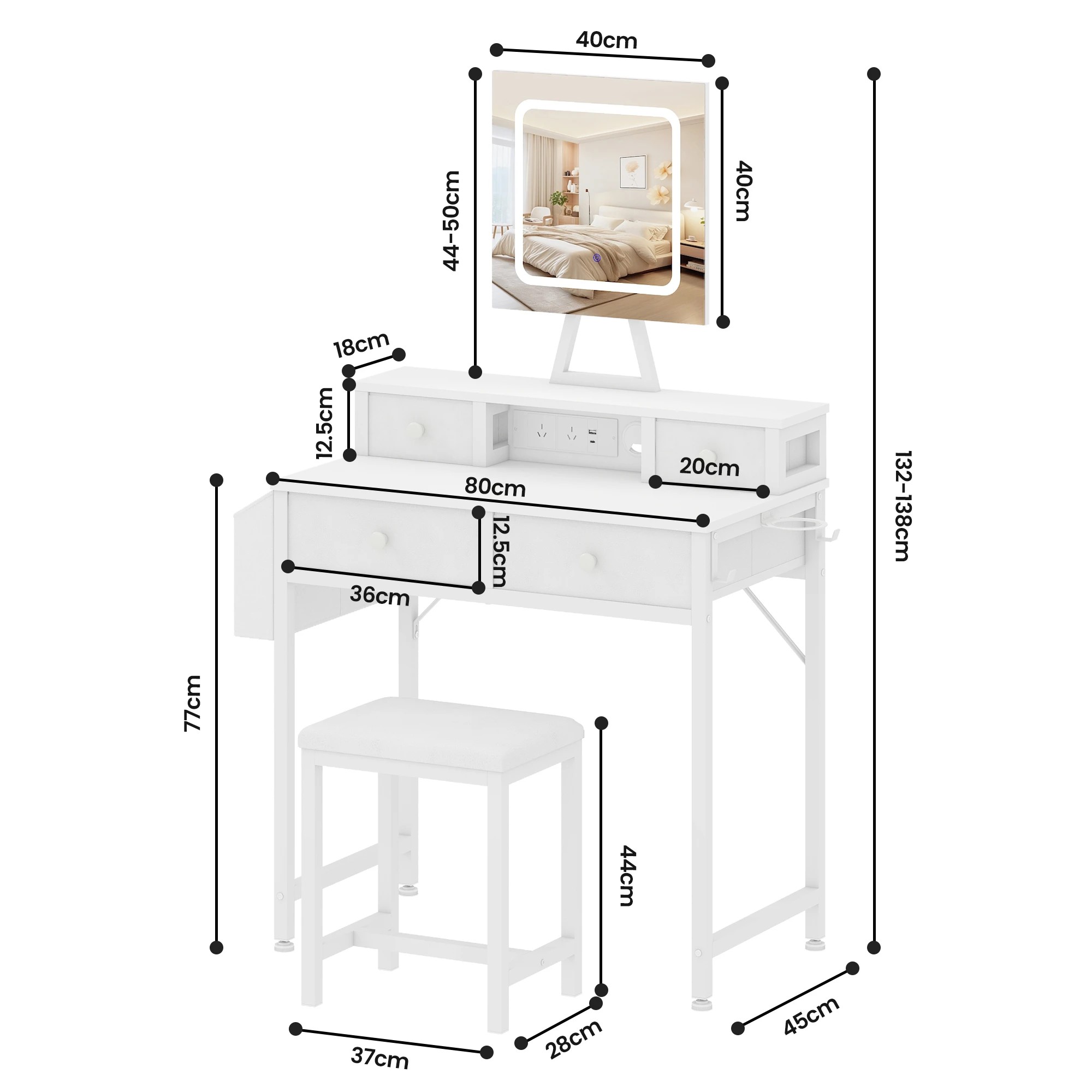 3 Adwin Dressing Table Set with Mirror Charging Station - White, 3 of 7