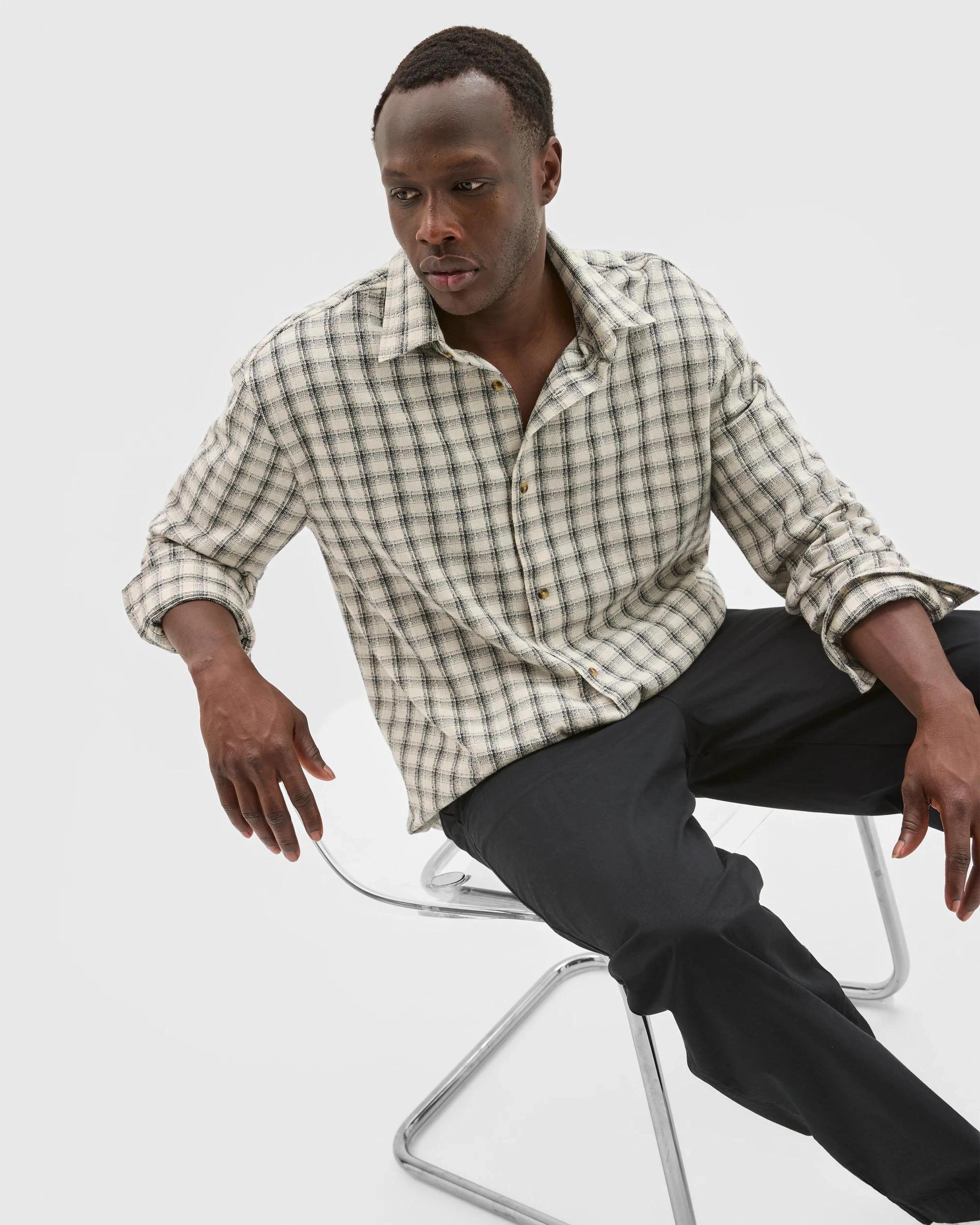 6 Commons Australian Cotton Boxy Fit Long Sleeve Textured Shirt ECRU CHECK, 6 of 6