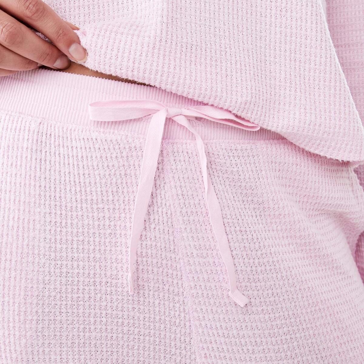 6 Waffle Long Sleeve Top and Pants Lounge Pyjama Set Pink Marle, 6 of 7
