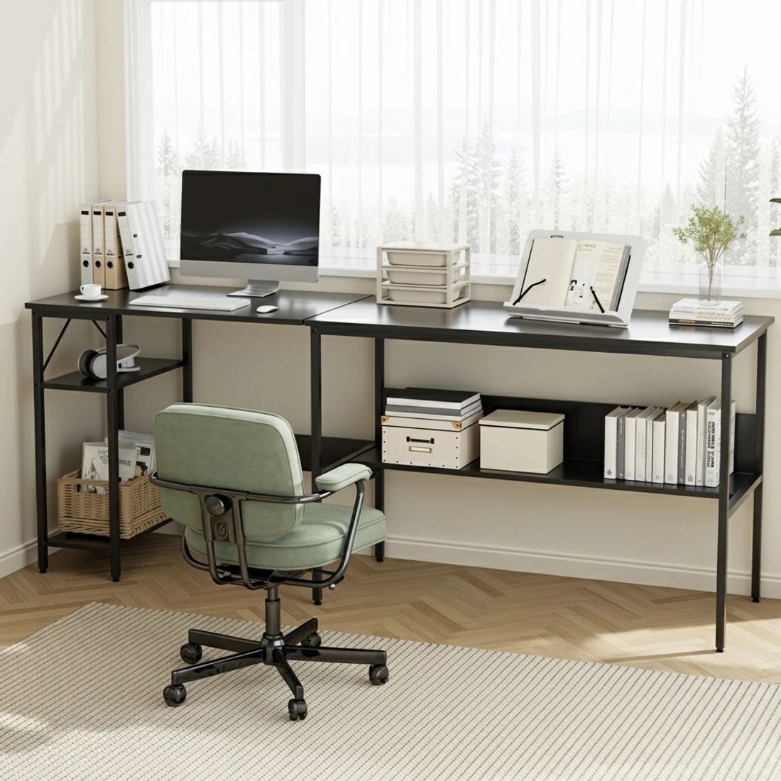 4 Artiss Computer Desk L shape Home Office Study Table Desks Open Shelf - Black, 4 of 5