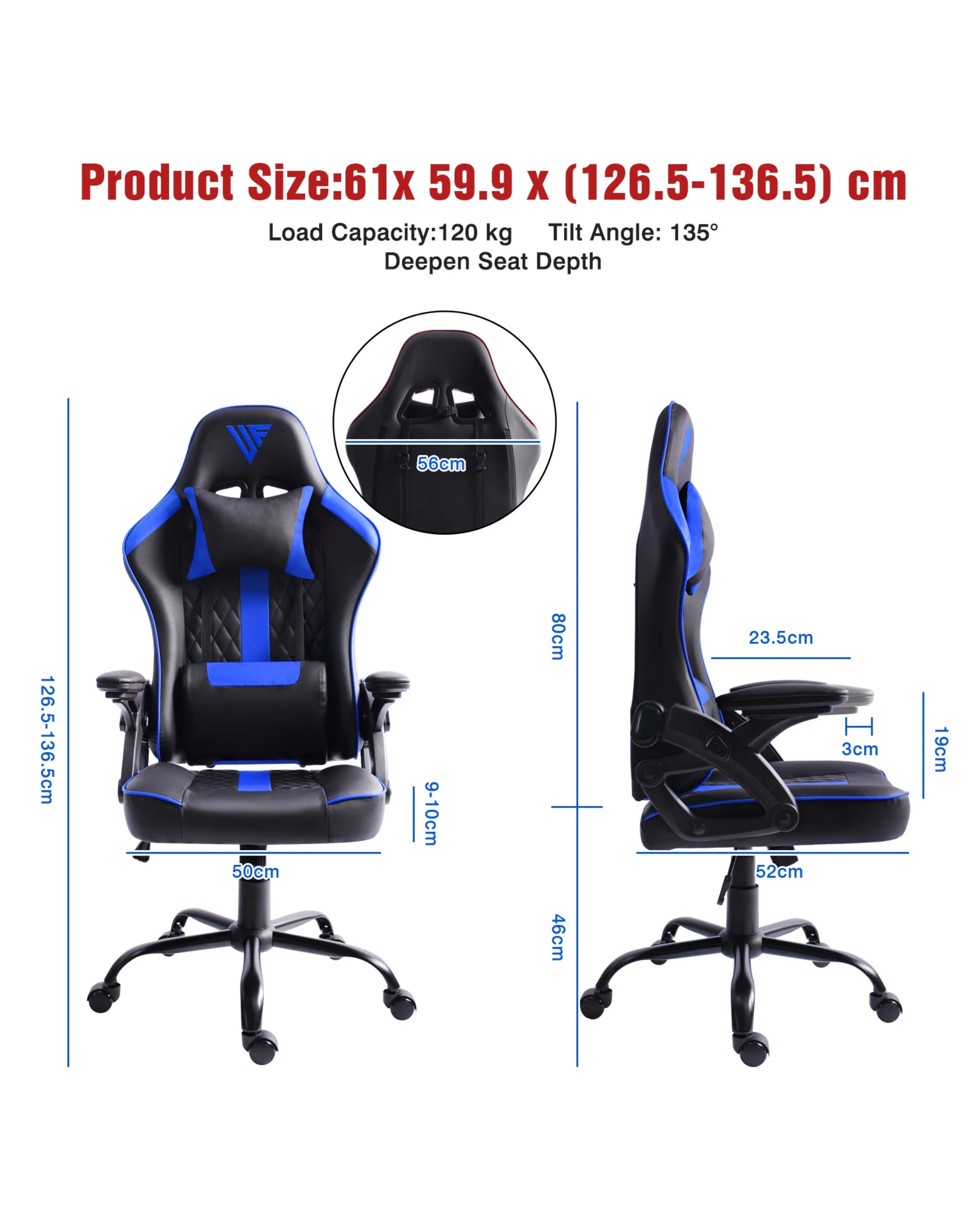 2 Advwin Gaming Chair Height Adjustable Ergonomic Recliner Racing Office Chair
 - Black, 2 of 10
