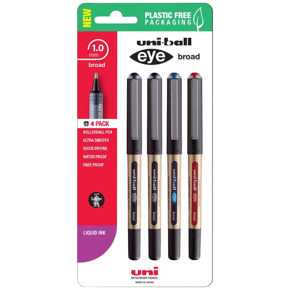 1 Uni-Ball Eye Broad Rollerball Pen 1mm Assorted 4 Pack, 1 of 2