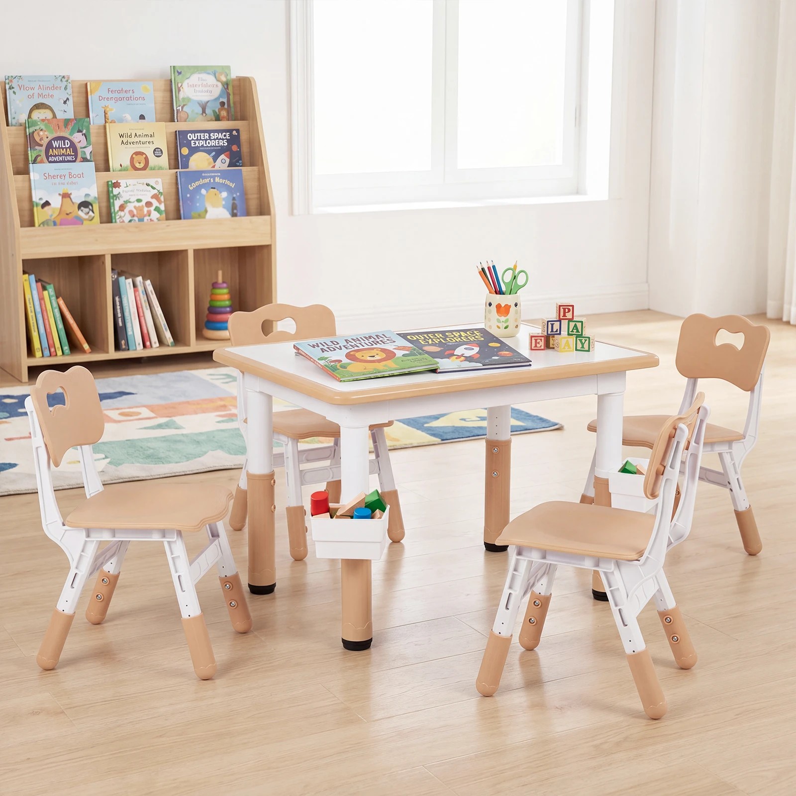 4 Costway Kids Table & 4 Chairs Set Height Adjustable Desk Activity Art Study - Natural, 4 of 4