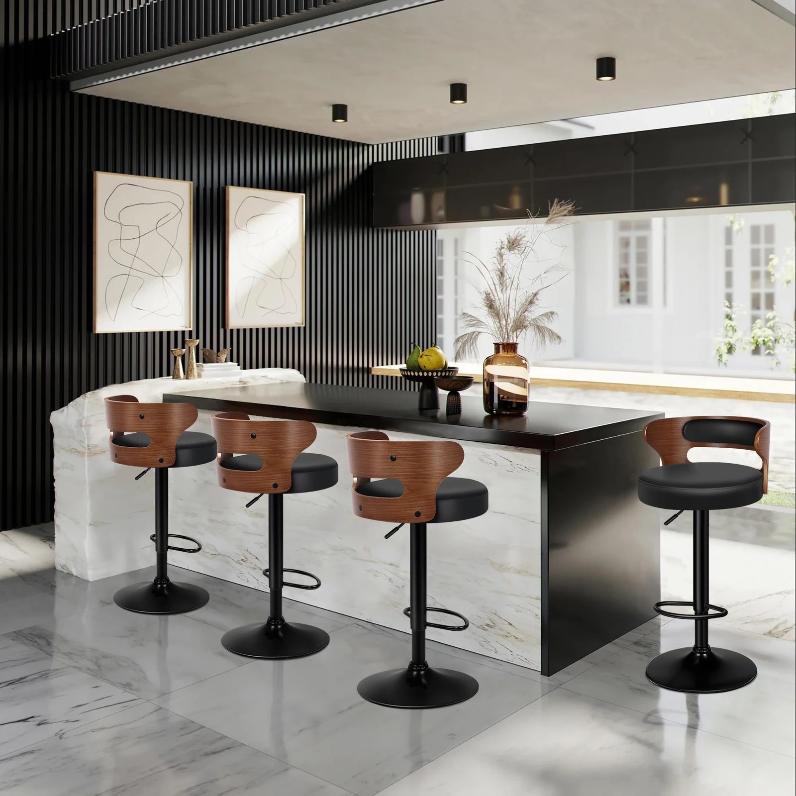 2 Alfordson 4x Bar Stool Kitchen Swivel Chair Wooden Leather Gas Lift - Black, 2 of 9