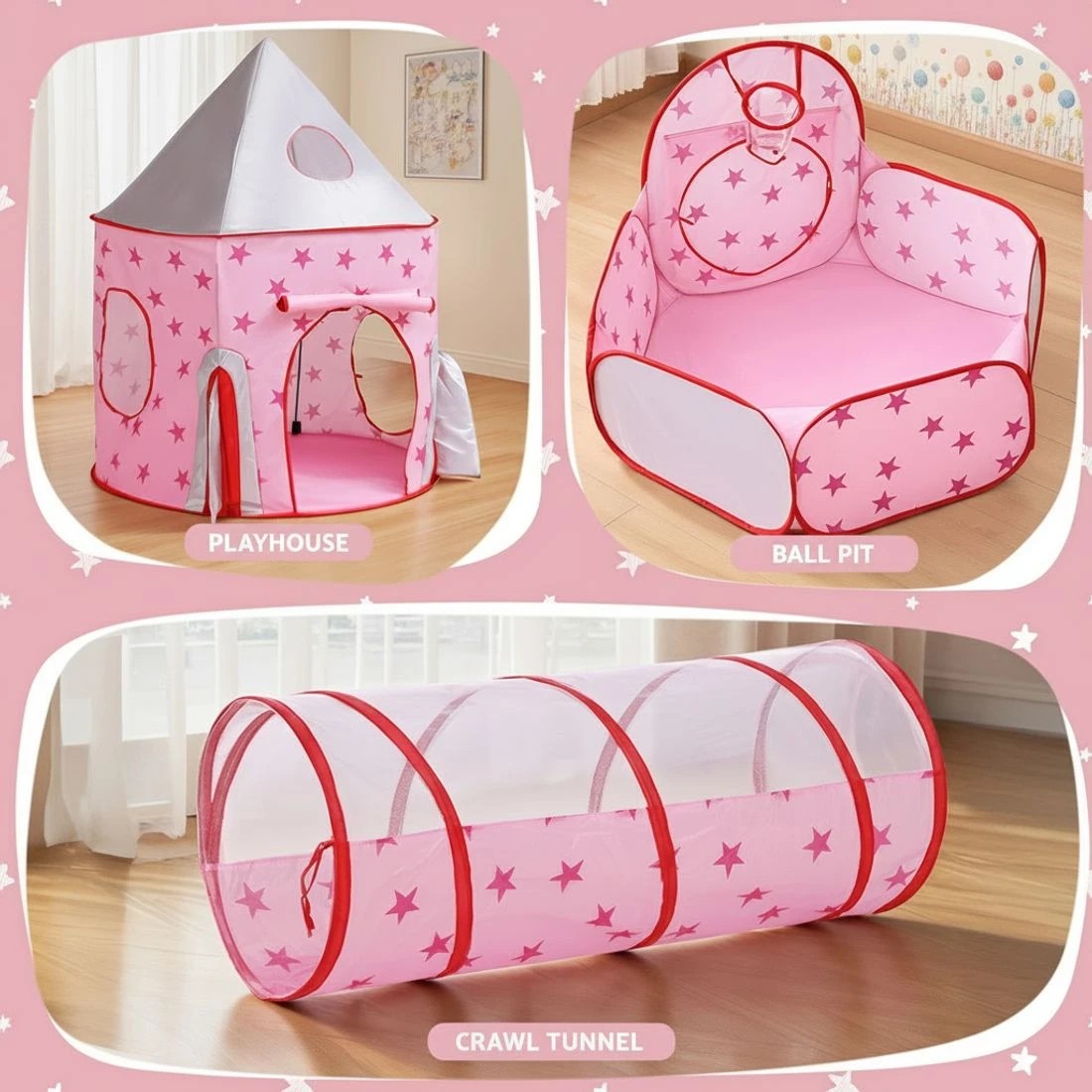 5 Keezi Kids Playhouse Play Tent Pop Up Castle Crawl Tunnel Basketball Hoop - Pink, 5 of 6