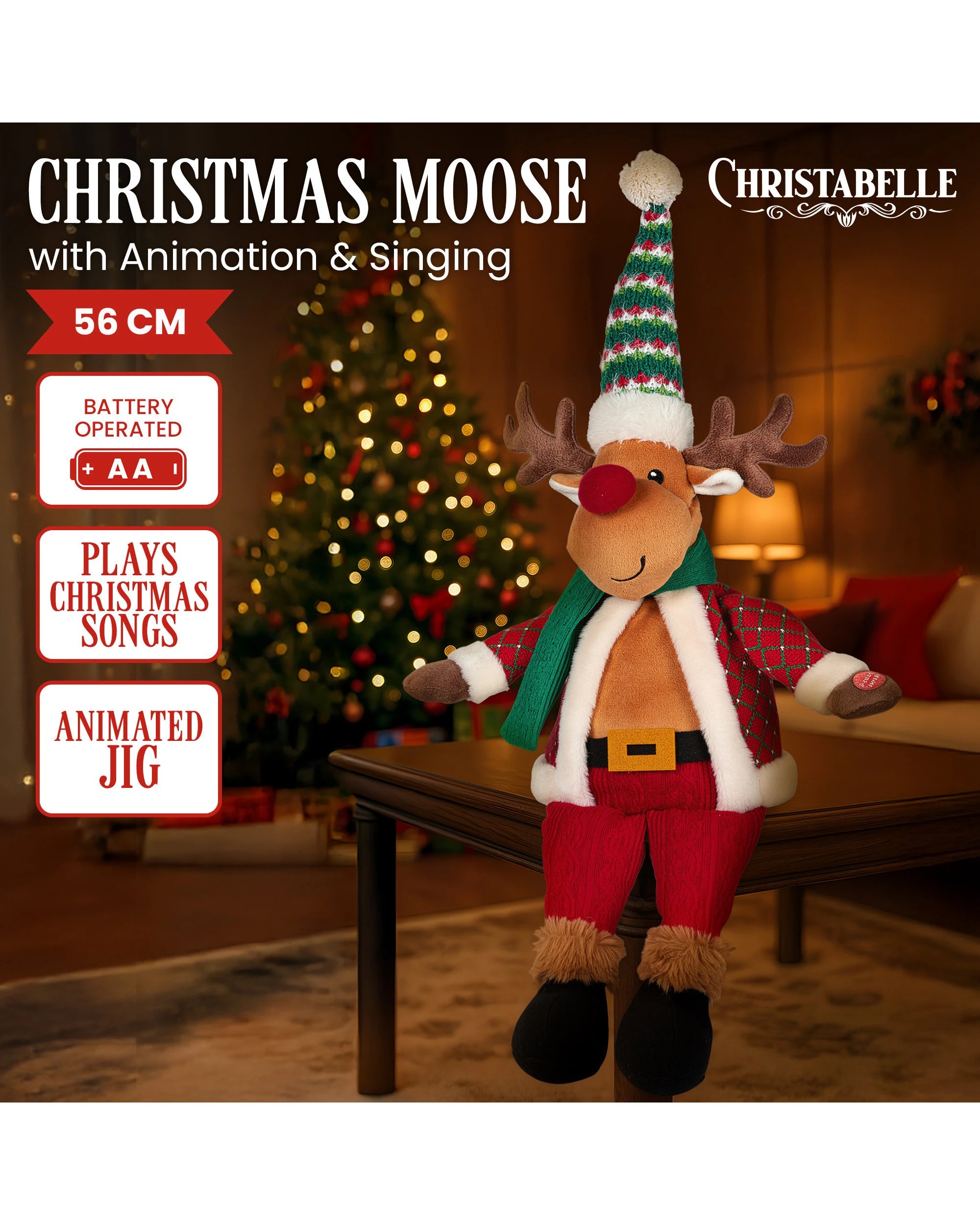 2 Christabelle 56cm Christmas Moose Animated Musical Decoration Ornament For Table Top Or Mantel Display With Music, 2 of 5