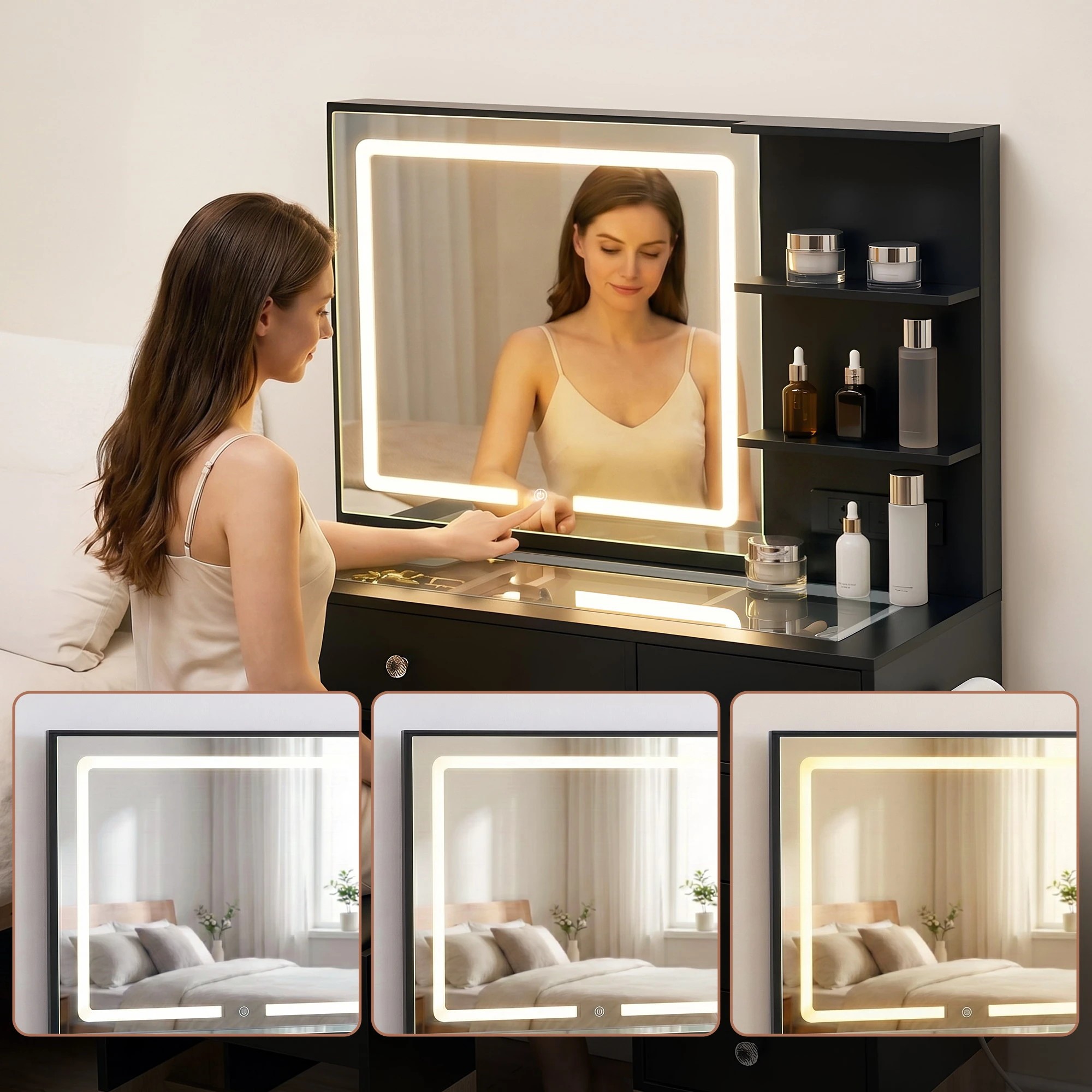 4 Artiss Dressing Table LED Vanity Desk Set Stool Charging Station Mirror - Black, 4 of 9
