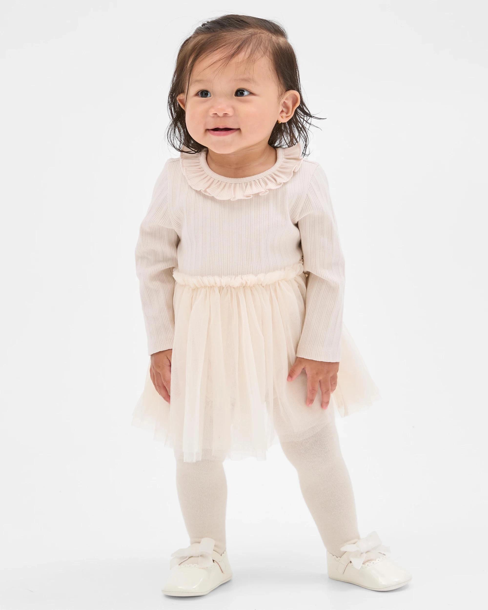 1 Target Baby Baby Girl Long Sleeve Rib Tutu Dress Bodysuit CREAM, 1 of 4