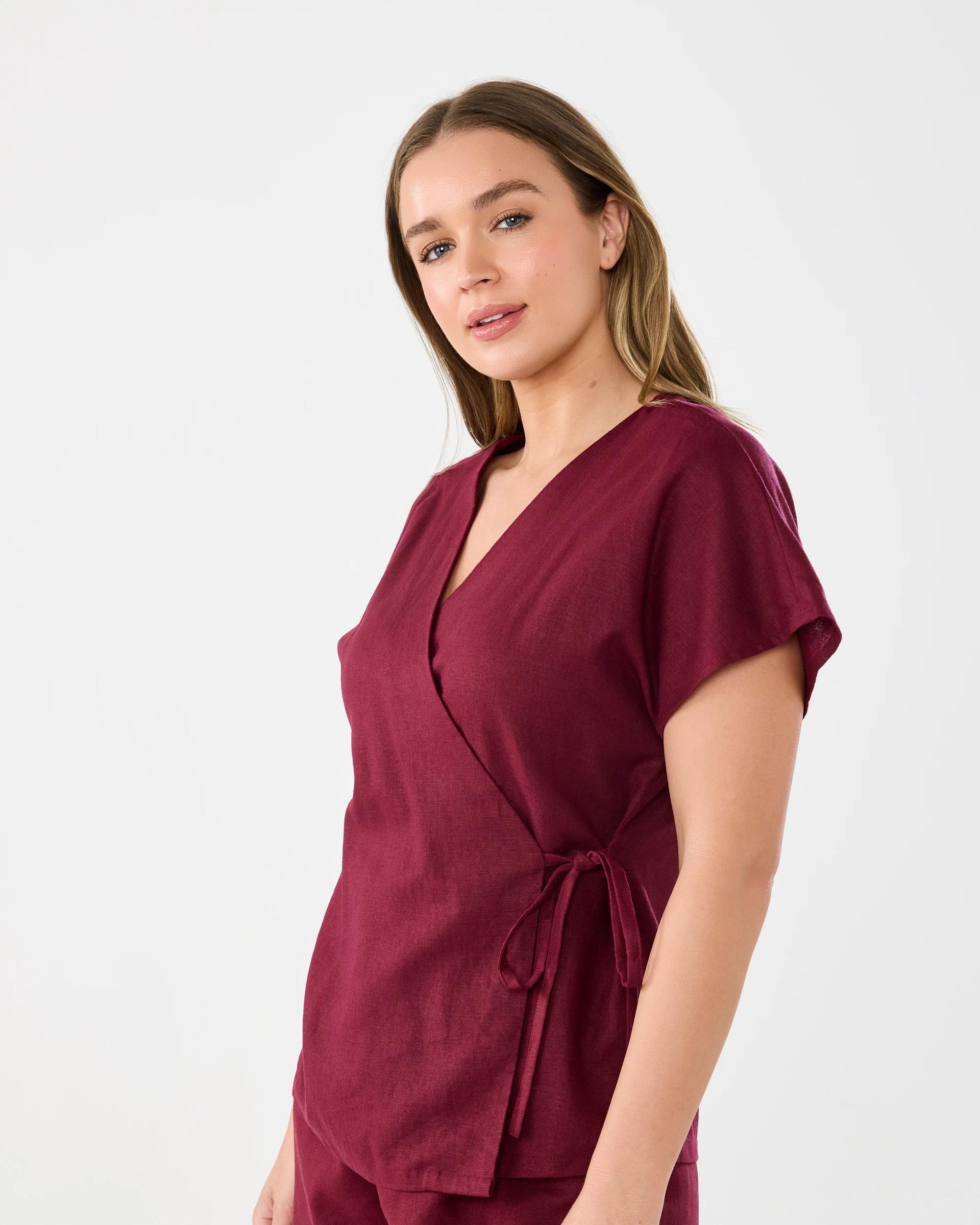 2 Short Sleeve Linen Blend Wrap Top Cran Juice, 2 of 8
