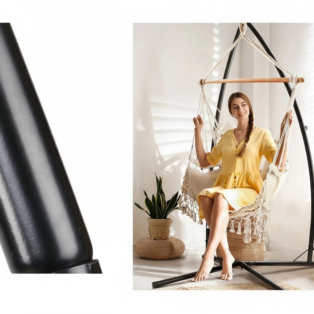 4 Gardeon Hammock Chair with Steel Stand Hanging Outdoor Tassel Cream - Multi, 4 of 6