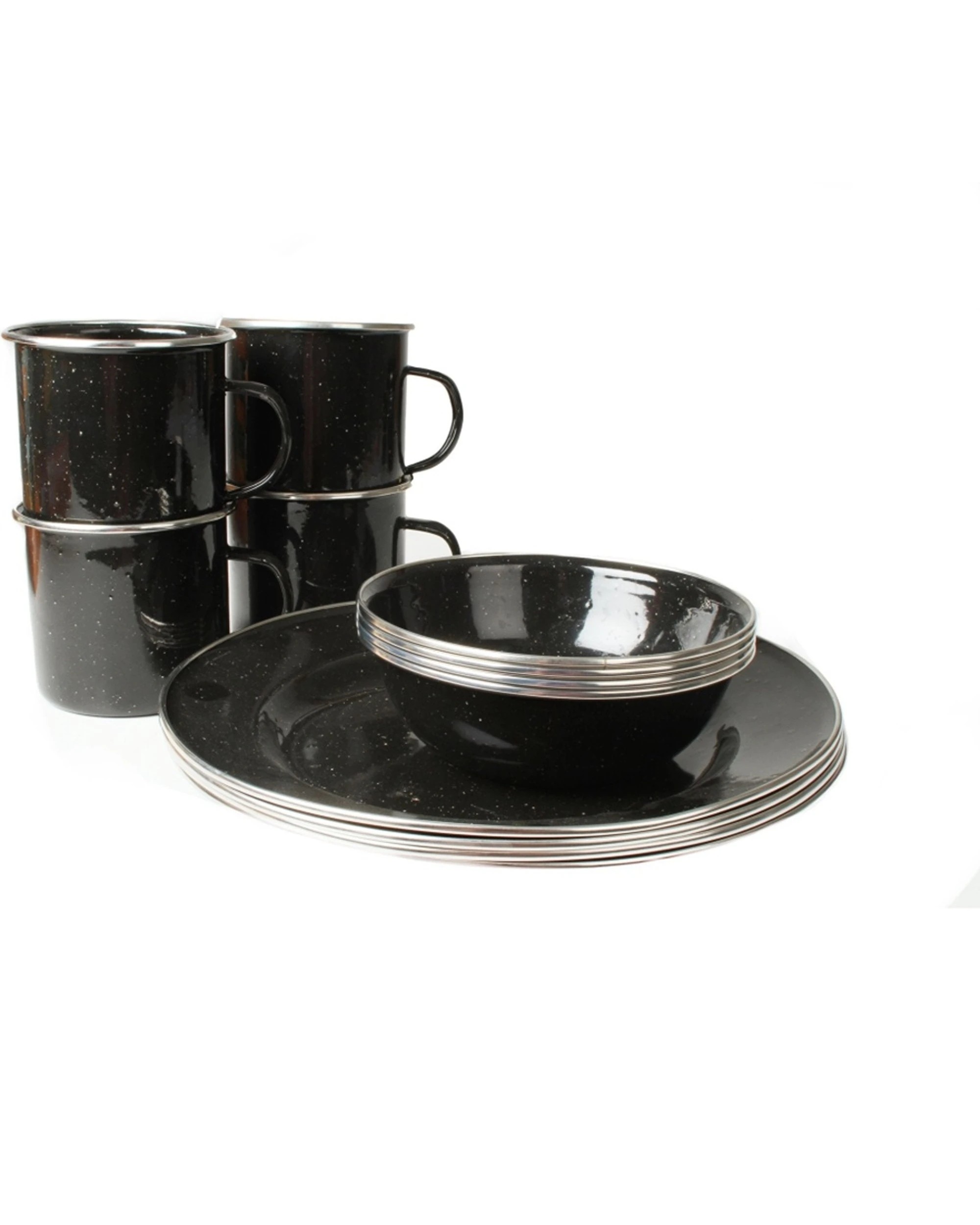 2 Wildtrak 12pc Wildtrak Premium Enamel Camping Dinner Set Mugs Bowls Plates - Black, 2 of 4