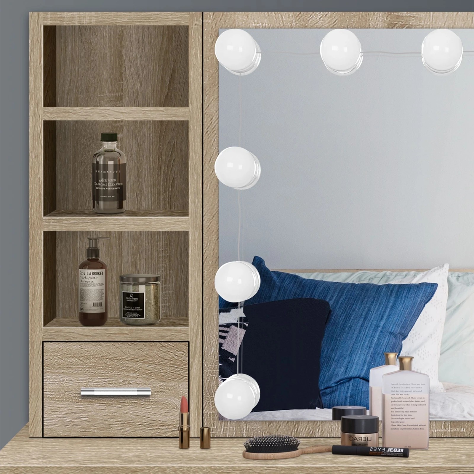 6 Alfordson Dressing Table Stool Set Makeup Vanity Desk LED 10 Bulbs - Oak, 6 of 10