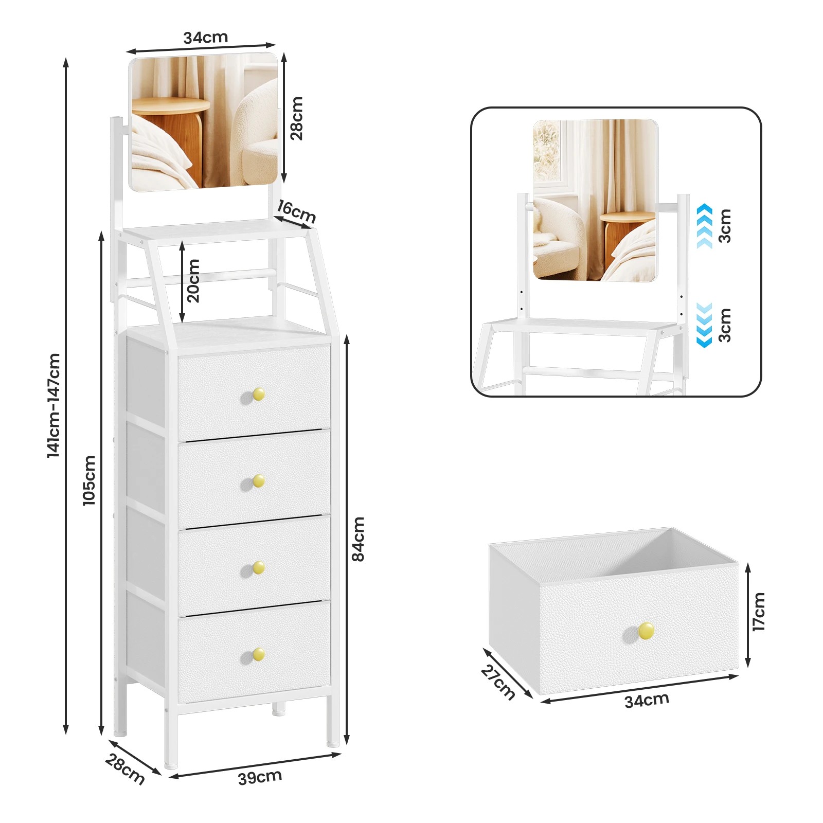 3 Advwin Vanity Desk with Mirror Nightstand with 4 Drawers 2-Tier Shelves - White, 3 of 9