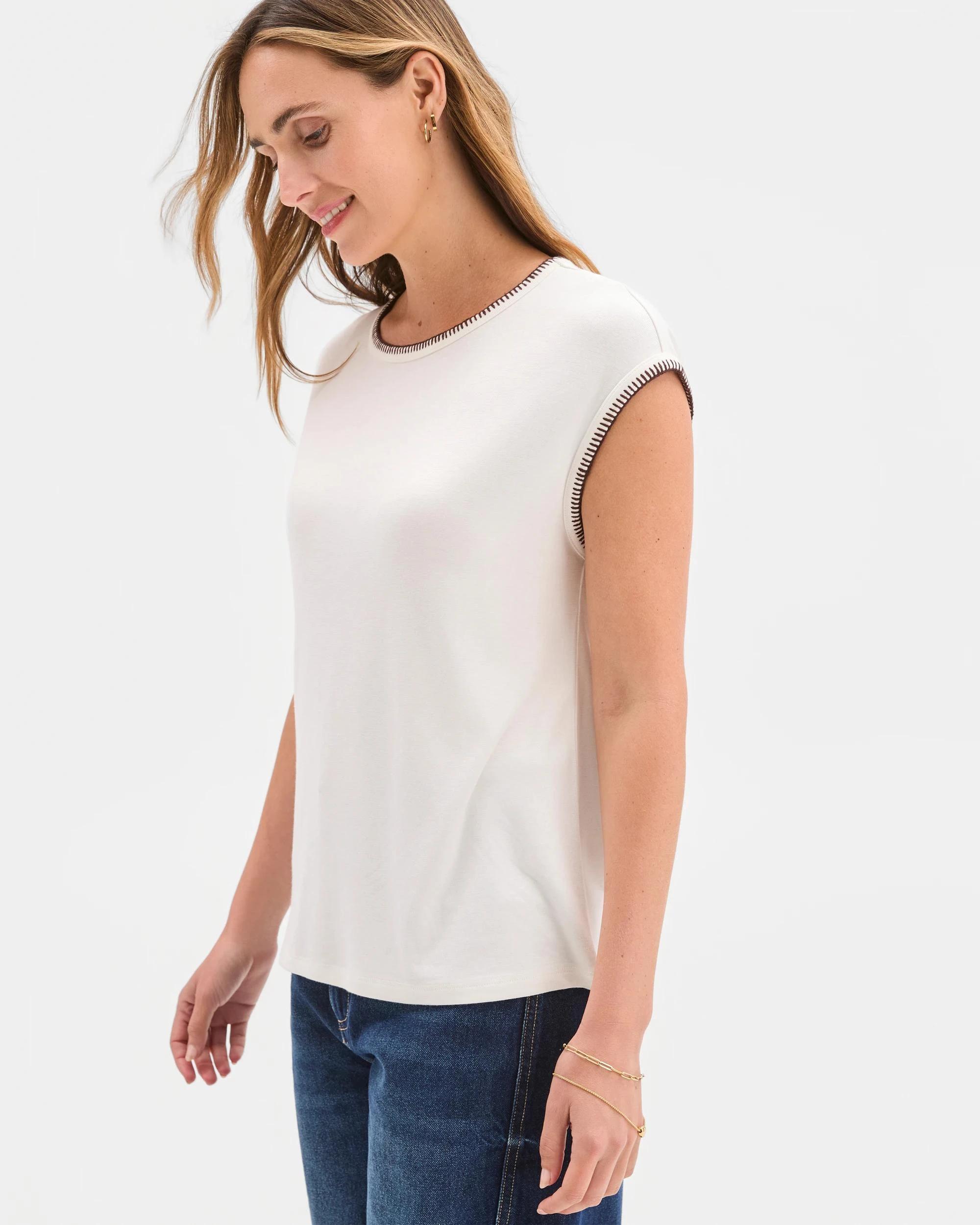 4 Target Woman Short Sleeve Blanket Stitch T-Shirt CLOUD DANCER/ESPRESSO, 4 of 6