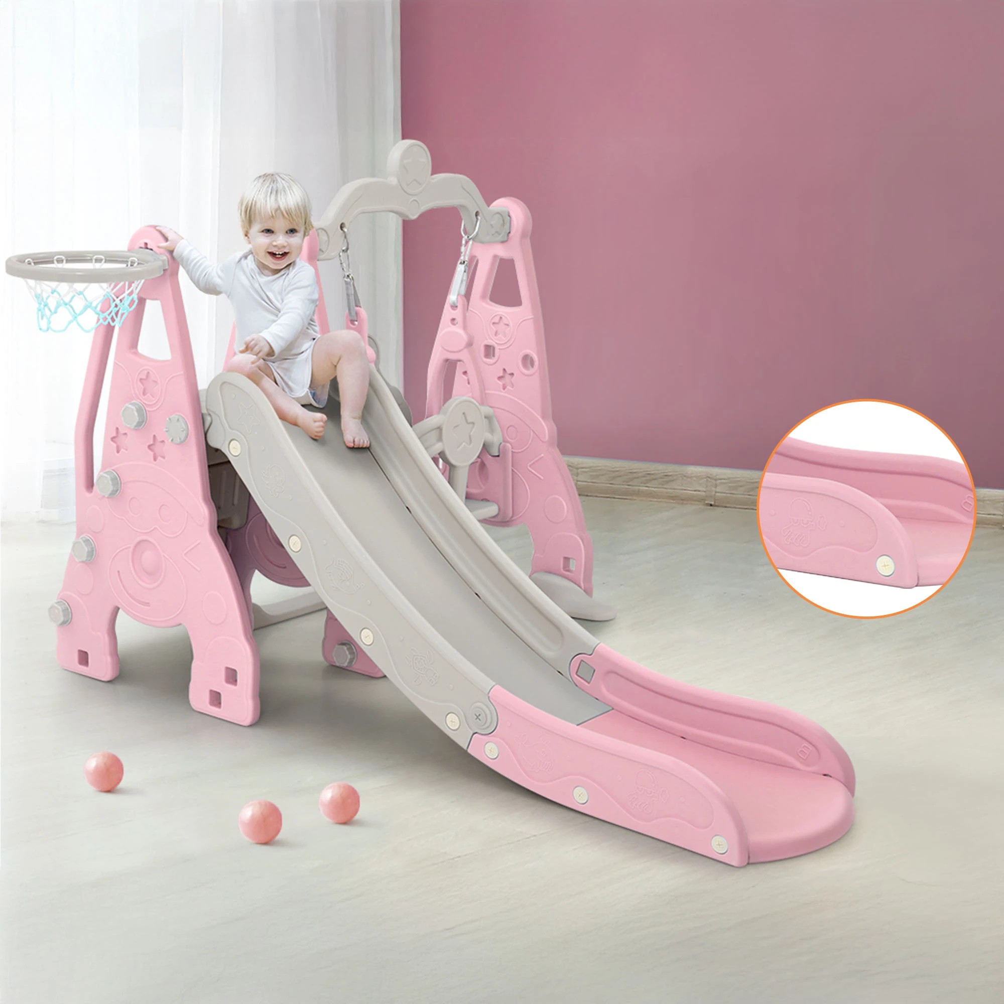 9 Keezi Kids Slide Swing Set Basketball Hoop Outdoor Playground Toys 170cm - Pink, 9 of 9