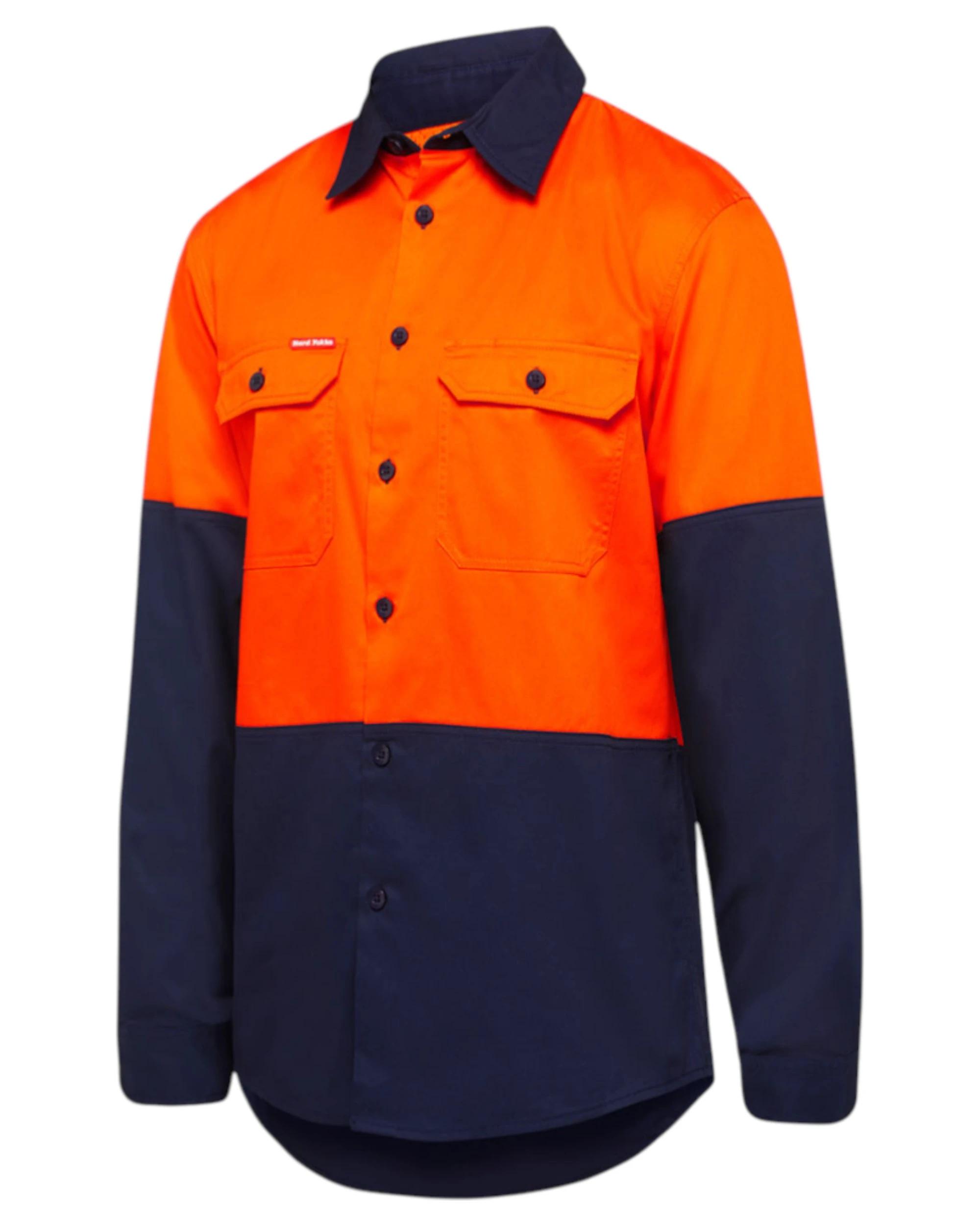 1 Hard Yakka 3 Pack Basic 2 Tone Long Sleeve Vented Drill Shirt Orange/navy, 1 of 6