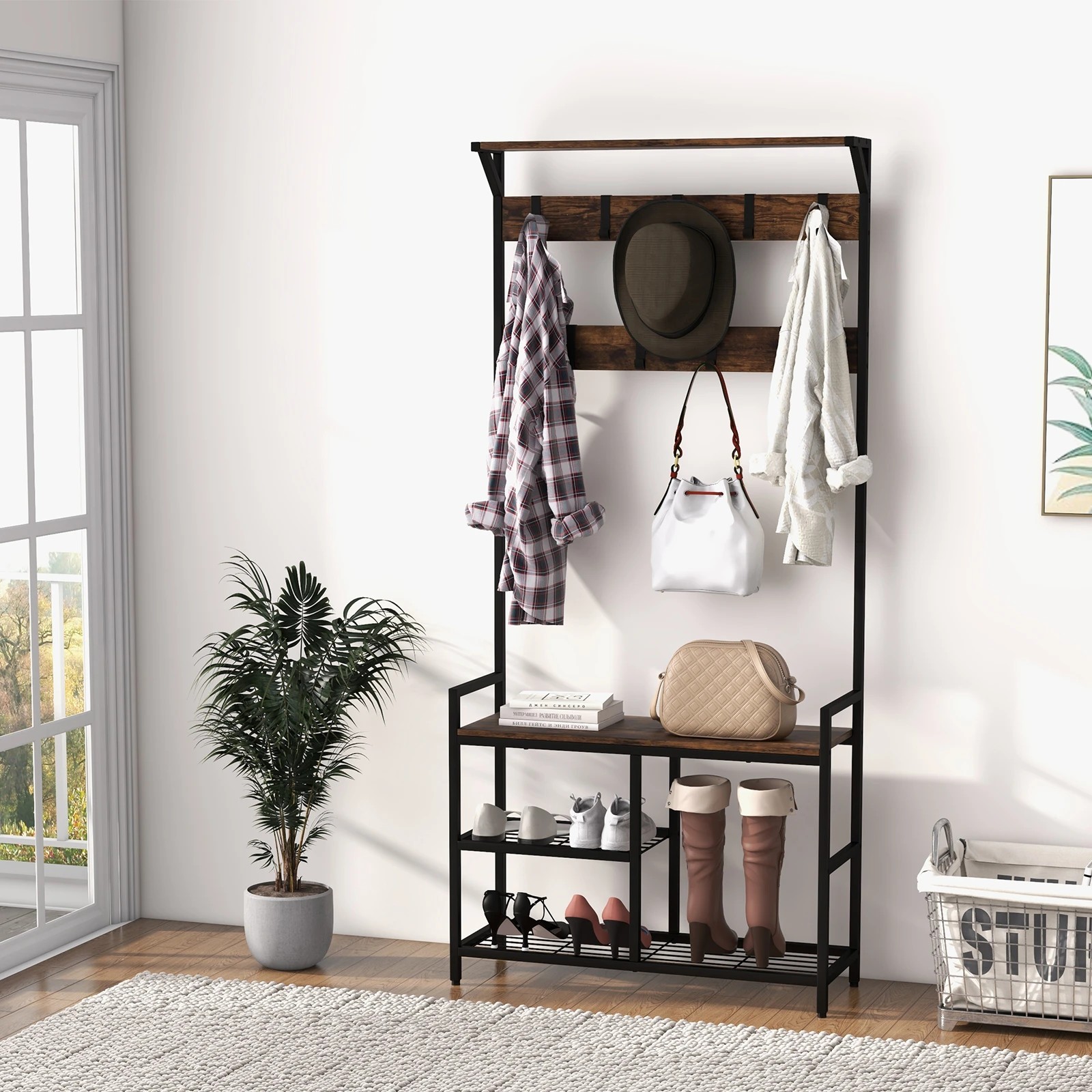 3 Costway 3-in-1 Coat Rack Clothes Stand Storage Rack Garment w/Shoe Bench, 3 of 10
