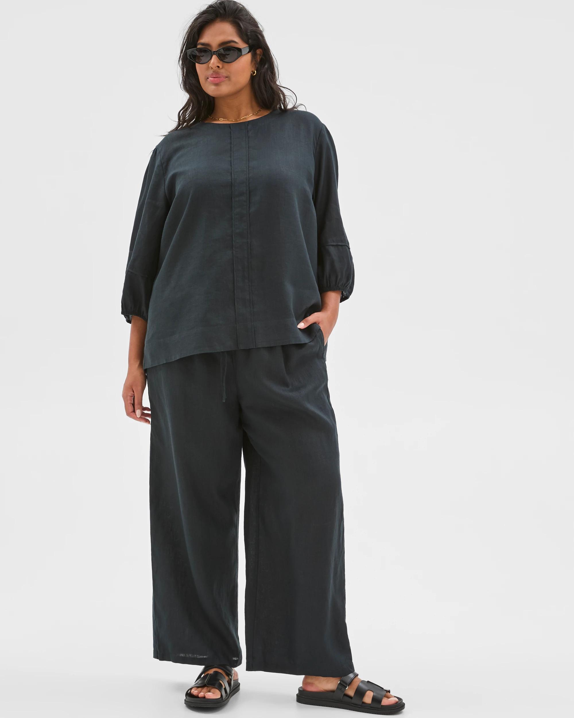 2 Target Curve Plus Size European Linen Balloon Sleeve Blouse BLACK, 2 of 6
