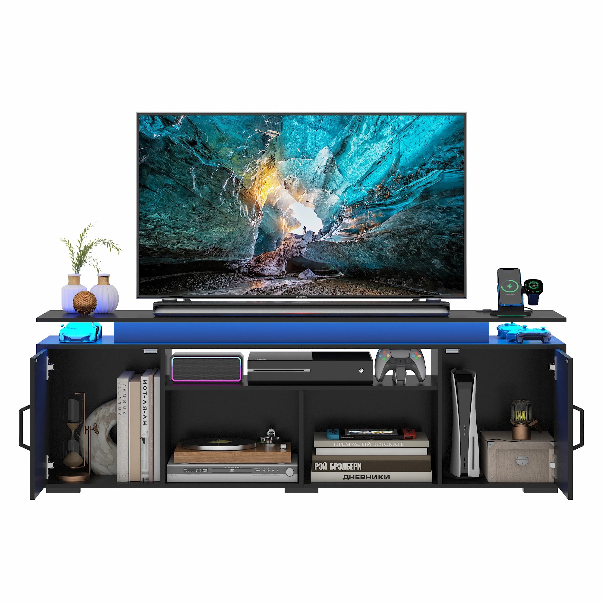 6 Advwin LED TV Cabinet 140cm Entertainment Center TV Stand Media Console Table Storage Cabinets - Black, 6 of 9