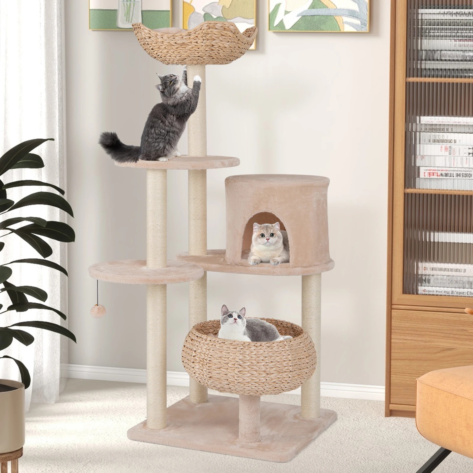 3 Costway Sisal Cat Tree Cat Scratching Post Private Cat Condo - Beige, 3 of 6