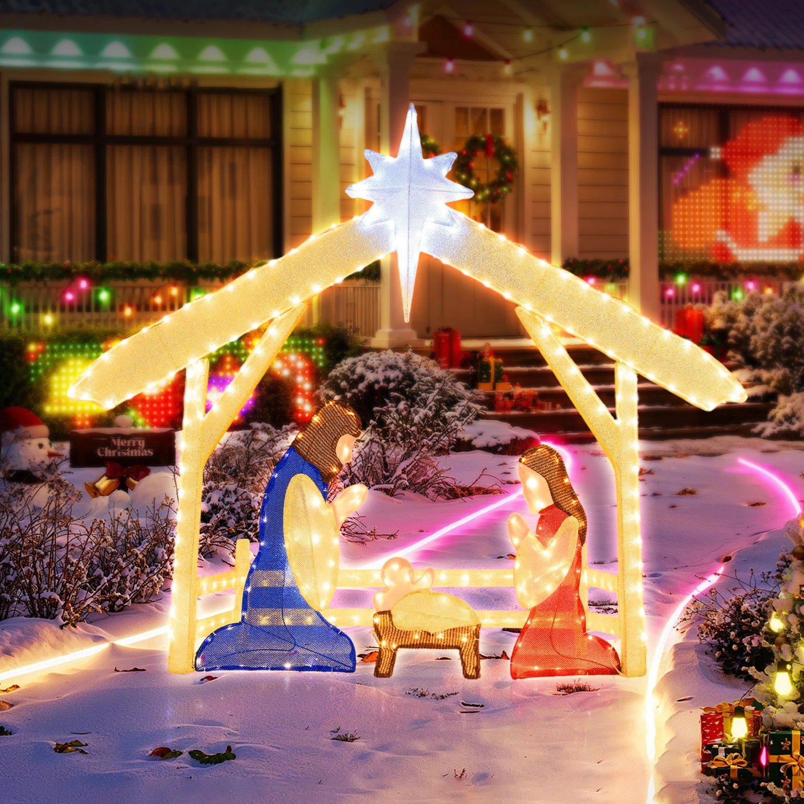 Costway 121cm Christmas Lighted Nativity Scene Pre-lit Holy Family Set ...