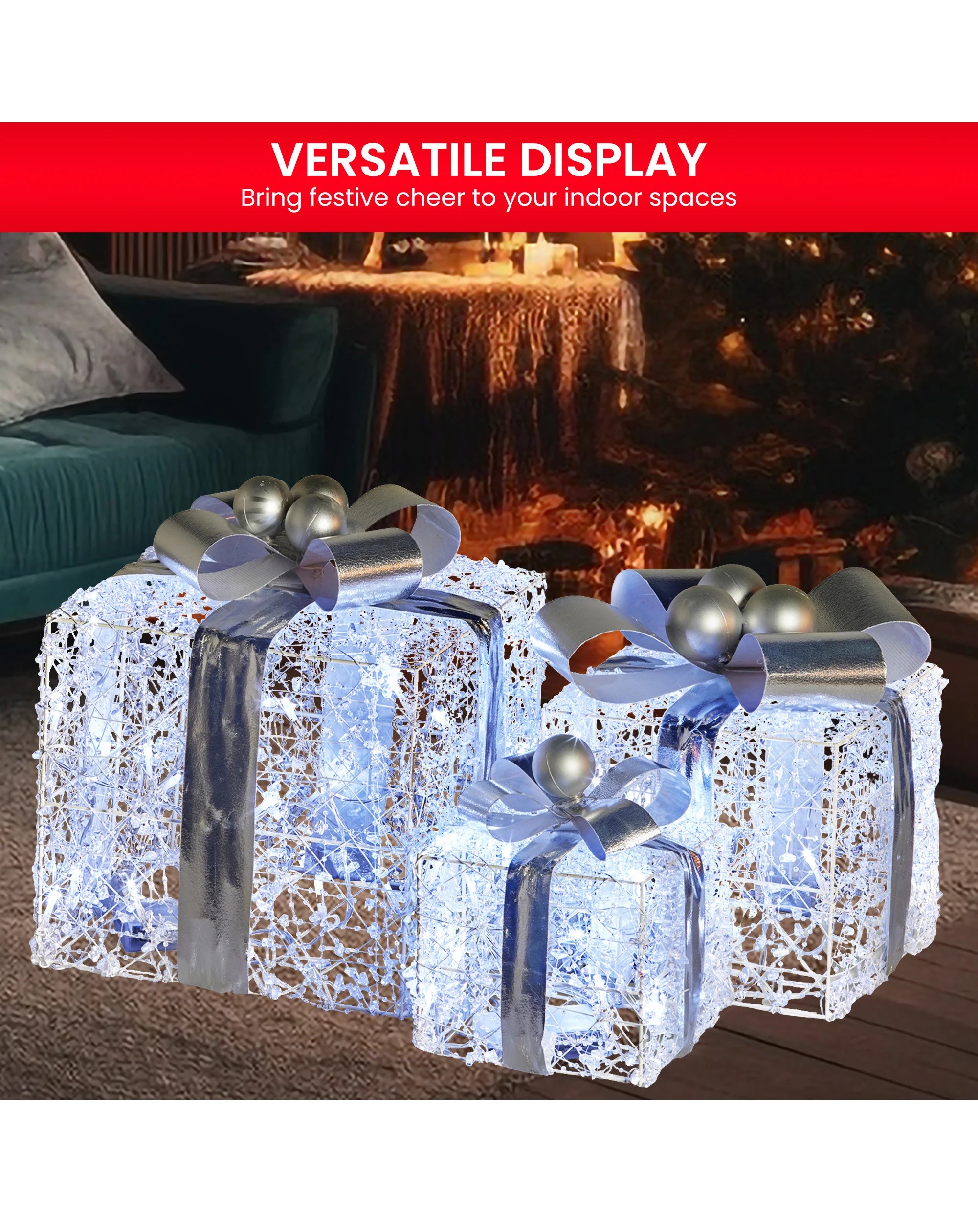6 Christabelle Set Of 3 Christmas Gift Boxes Display With Lights Jewelled Wire And Silver Bows, 6 of 7