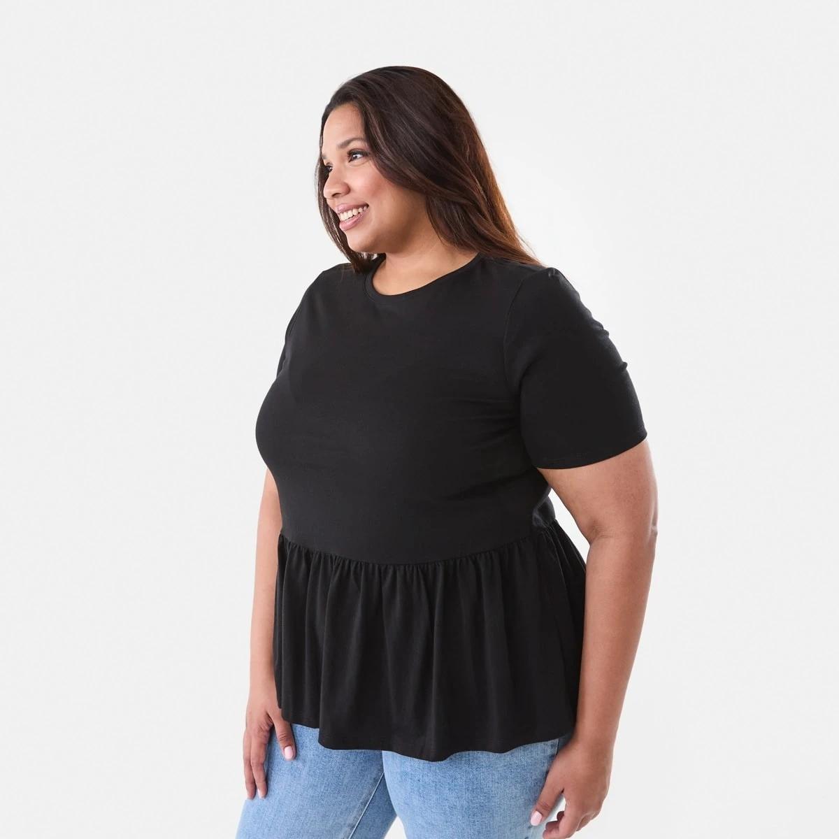 2 Curve Short Sleeve Peplum Top Black, 2 of 6