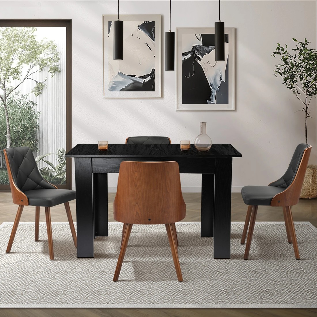 3 Oikiture 160cm Extendable Dining Table With 4pcs Dining Chairs Pu Leather
 - Black, 3 of 10