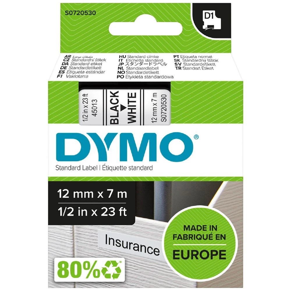 1 DYMO D1 Label Tape 12mm x 7m Black on White, 1 of 5