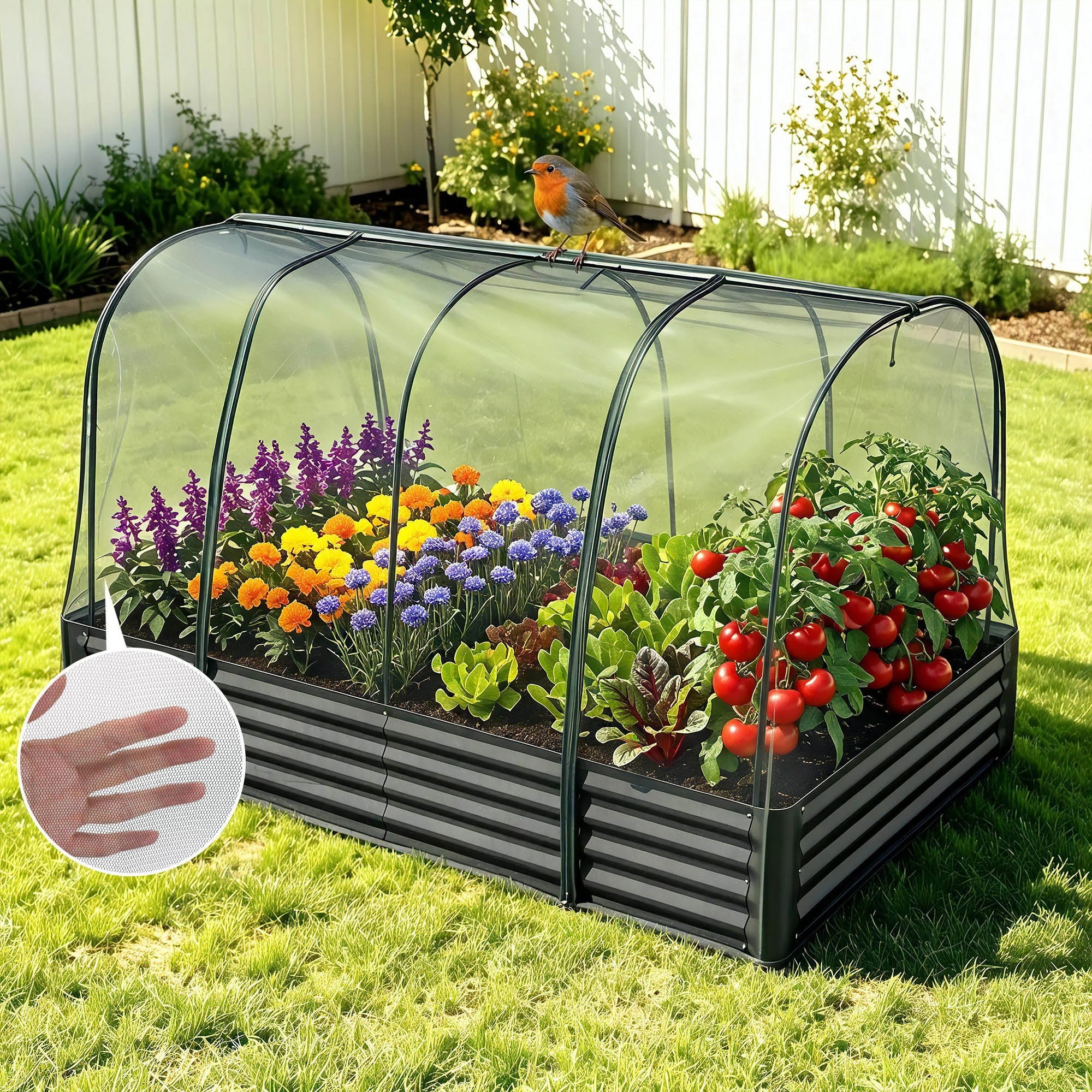 5 Green Fingers Raised Garden Bed with Mesh Netting Galvanised Planter Box Bird Proof 180x90x120cm - Black, 5 of 9