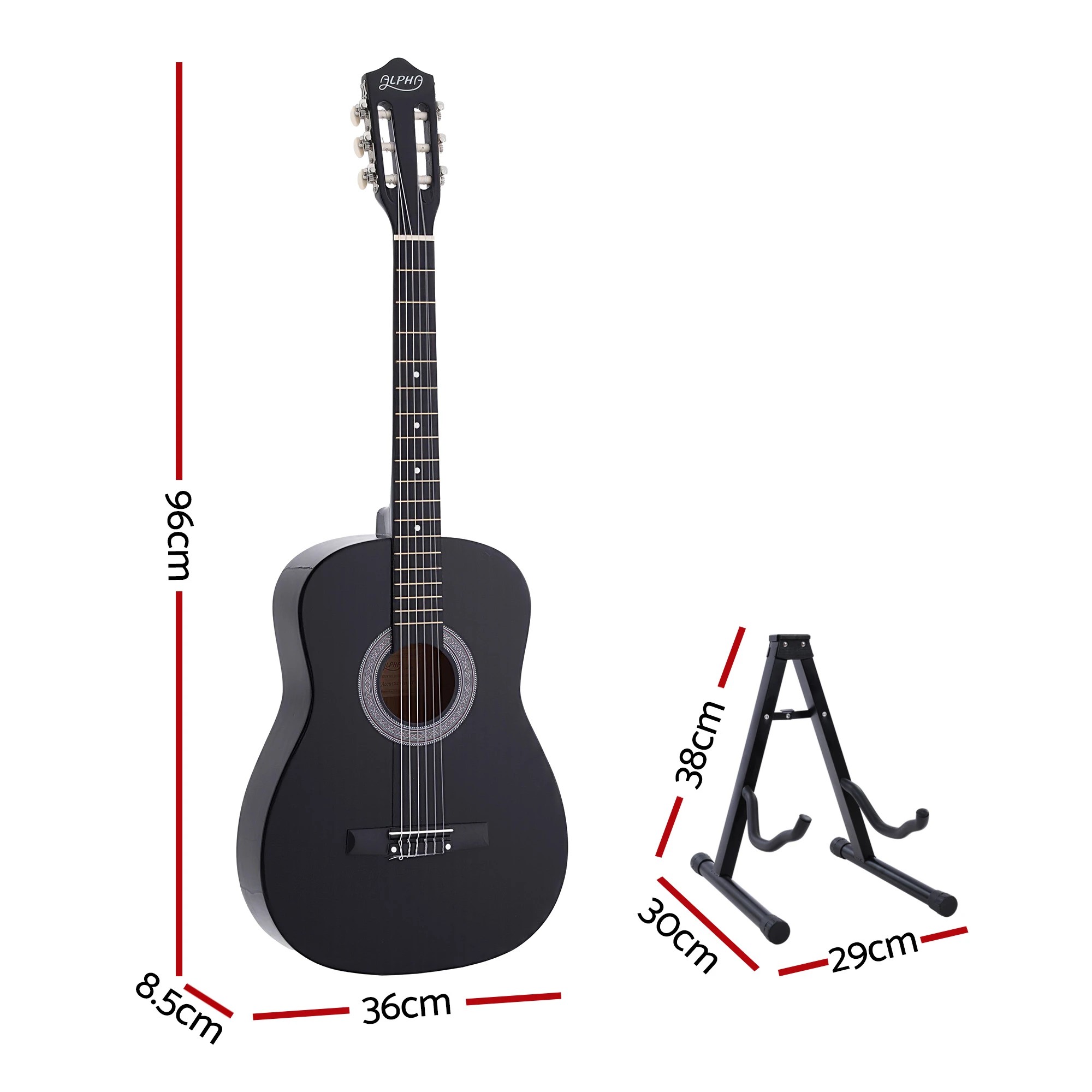 2 Alpha 38 Inch Classical Acoustic Guitar Nylon Strings Non Cutaway Body Folding Stand Capo - Black, 2 of 10