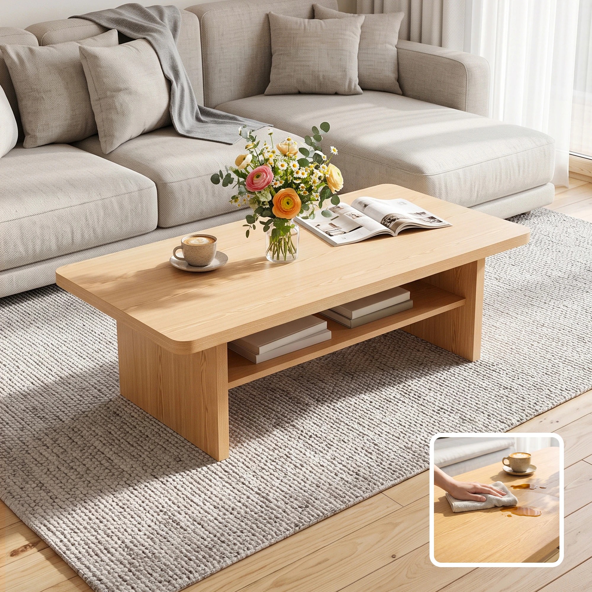 7 Artiss Table 110cm Center Table with 2-Tier Open Storage Shelf Safe Round Corner Wood - Natural, 7 of 7
