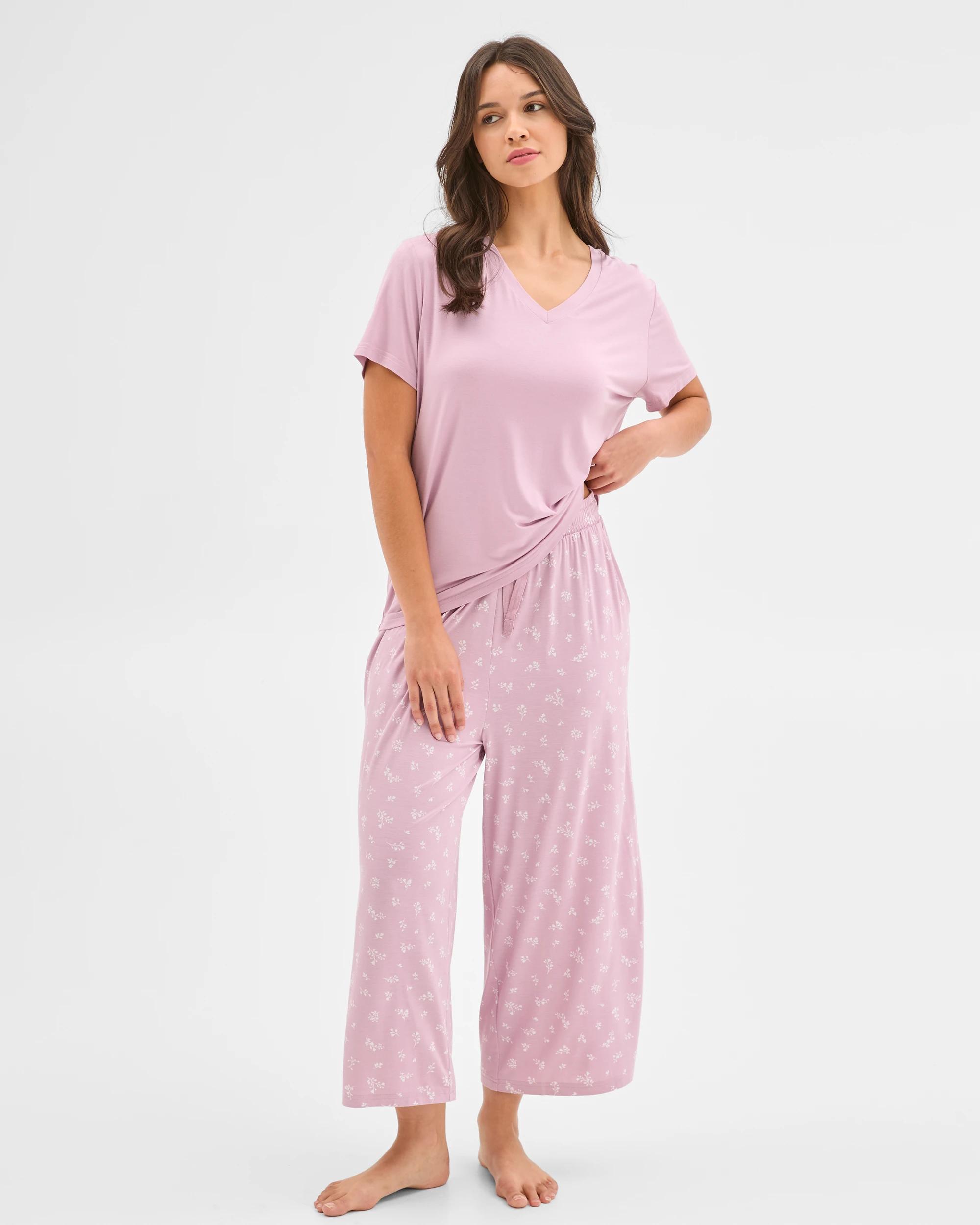 1 Target Woman Soft Comfort Bamboo V-Neck Sleep T-Shirt LACE PINK, 1 of 6