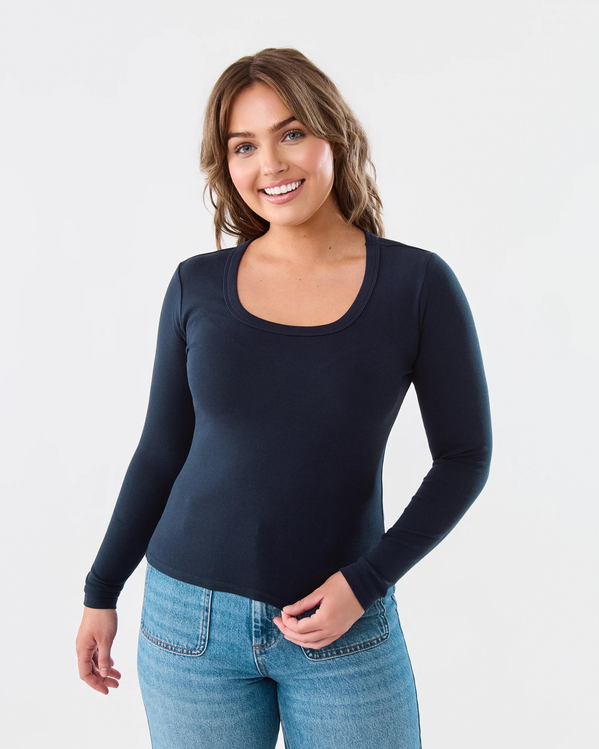 1 Long Sleeve Rib Scoop Neck T-shirt Navy Blaze, 1 of 5