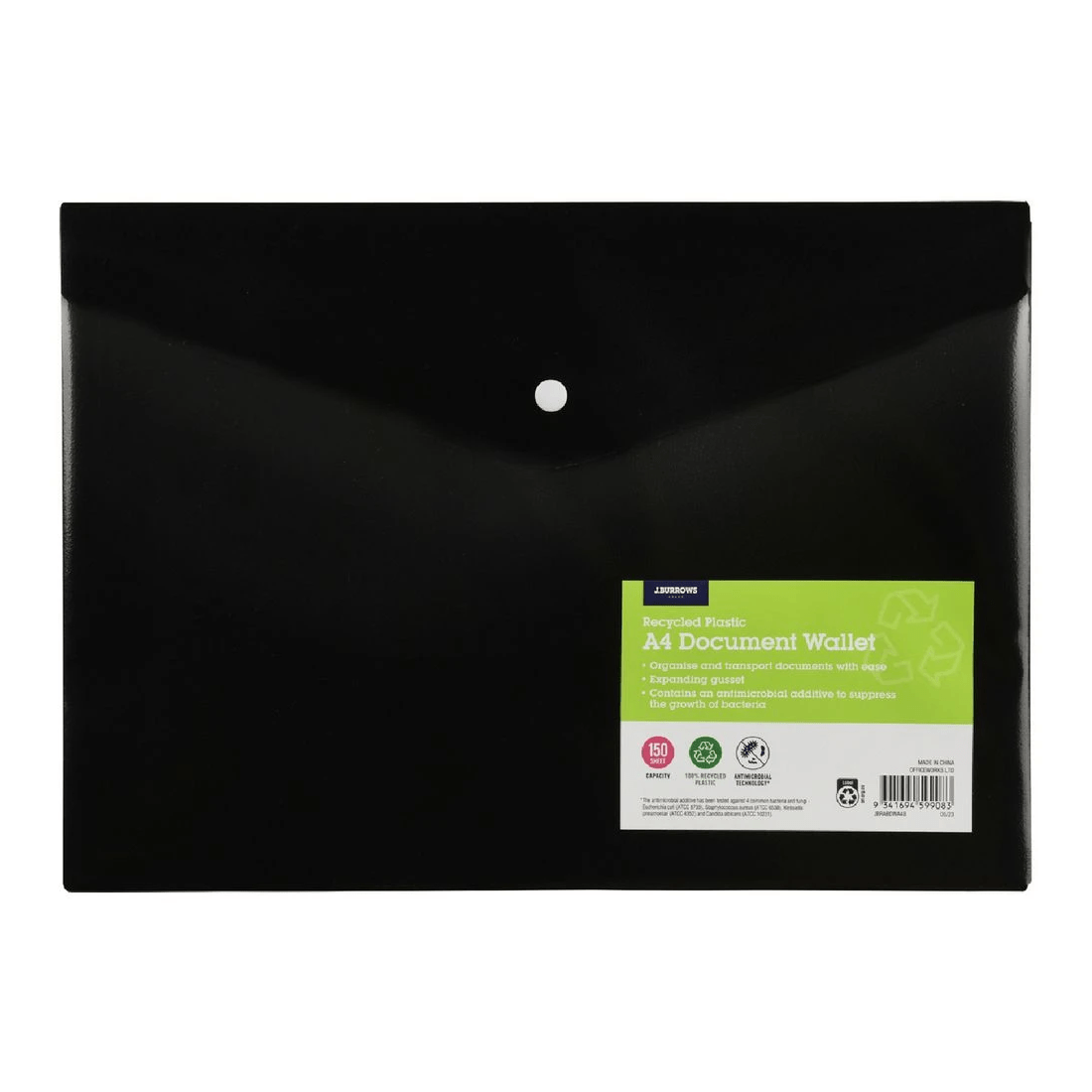 1 J.Burrows Antibacterial A4 Button Document Wallet Black, 1 of 3