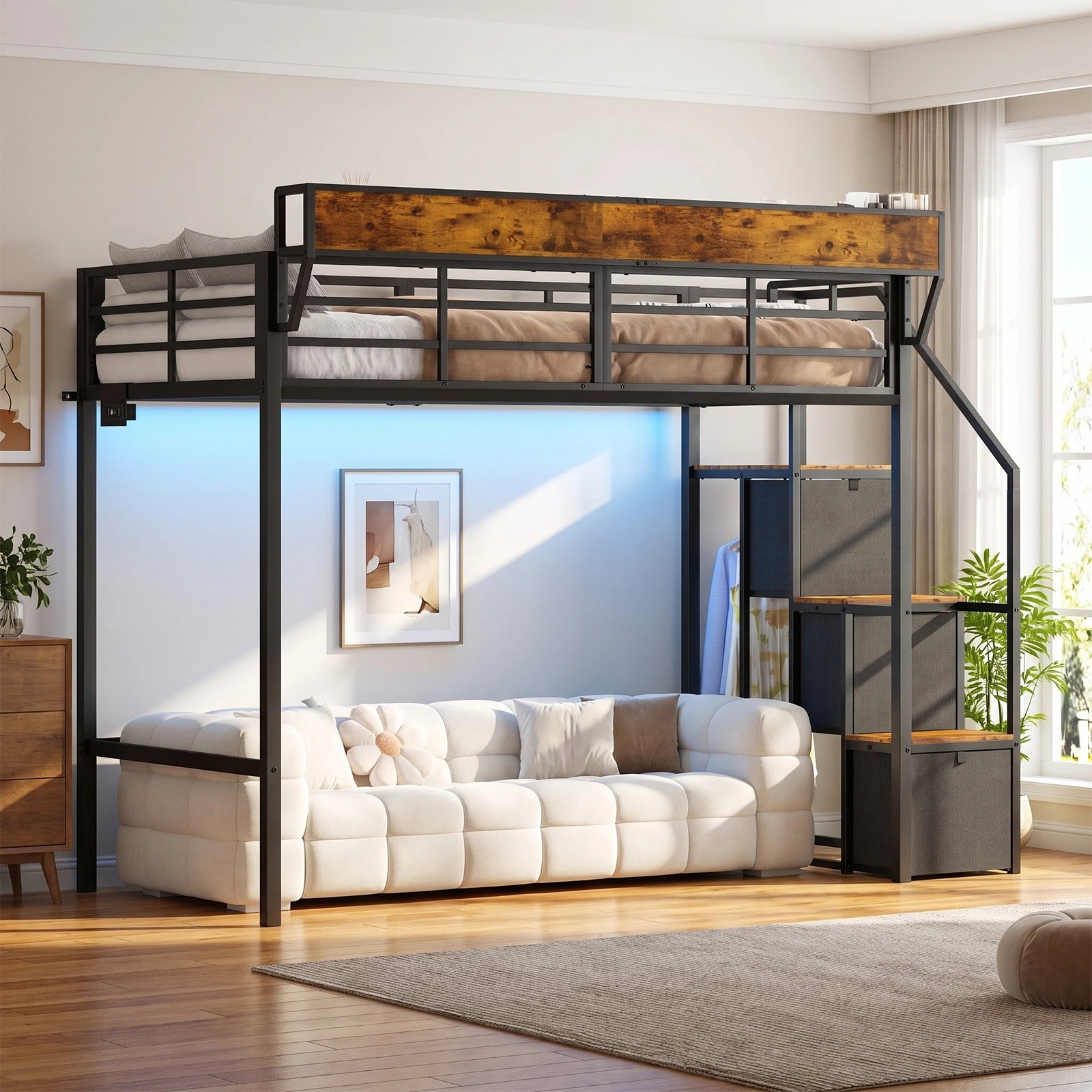 2 Advwin Single LED Loft Bed with Storage Stairs & Hanging Rod, Charging Station & Bedside Shelf - Black, 2 of 8