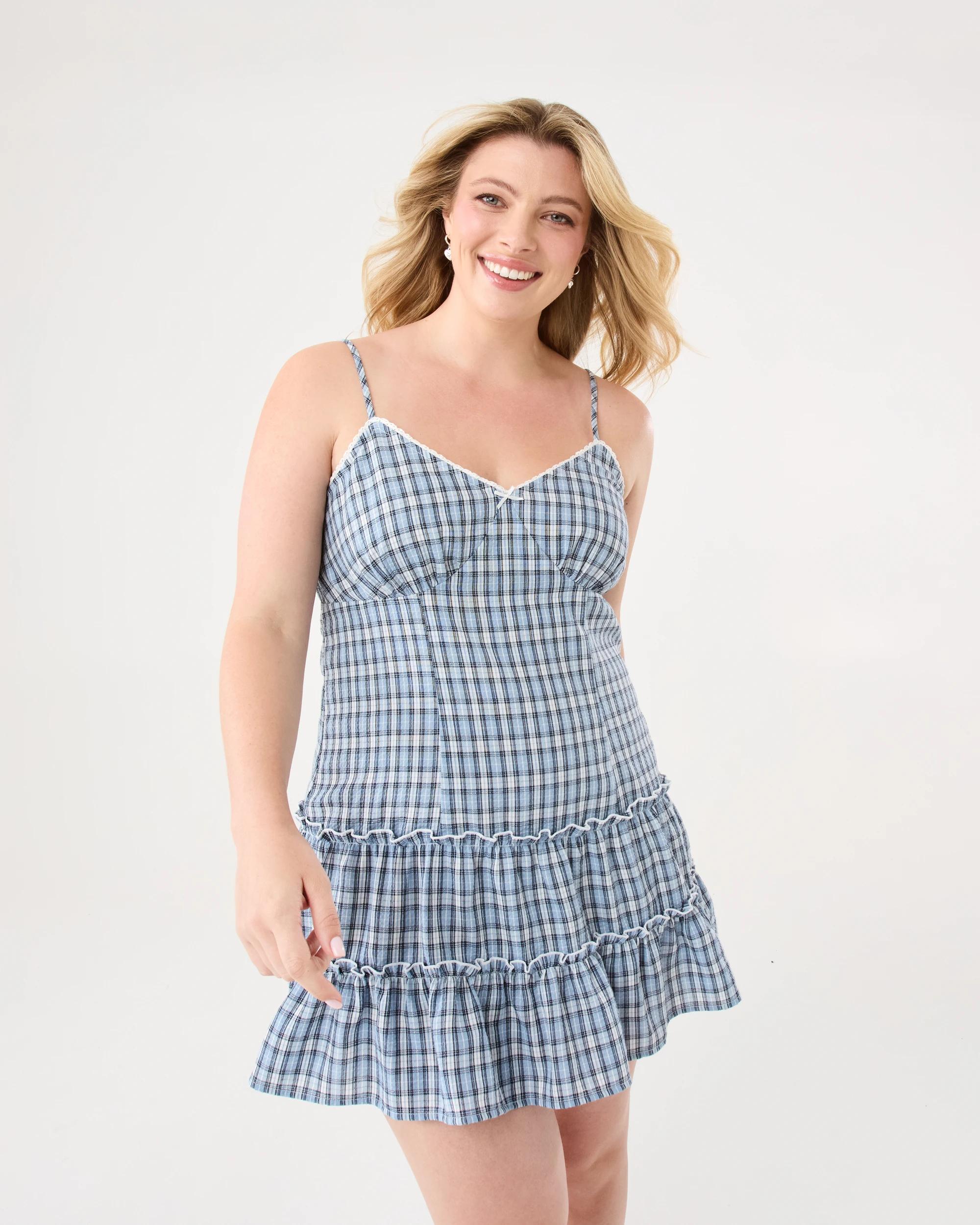 3 Sleeveless Check Print Mini Dress Blue Check, 3 of 10