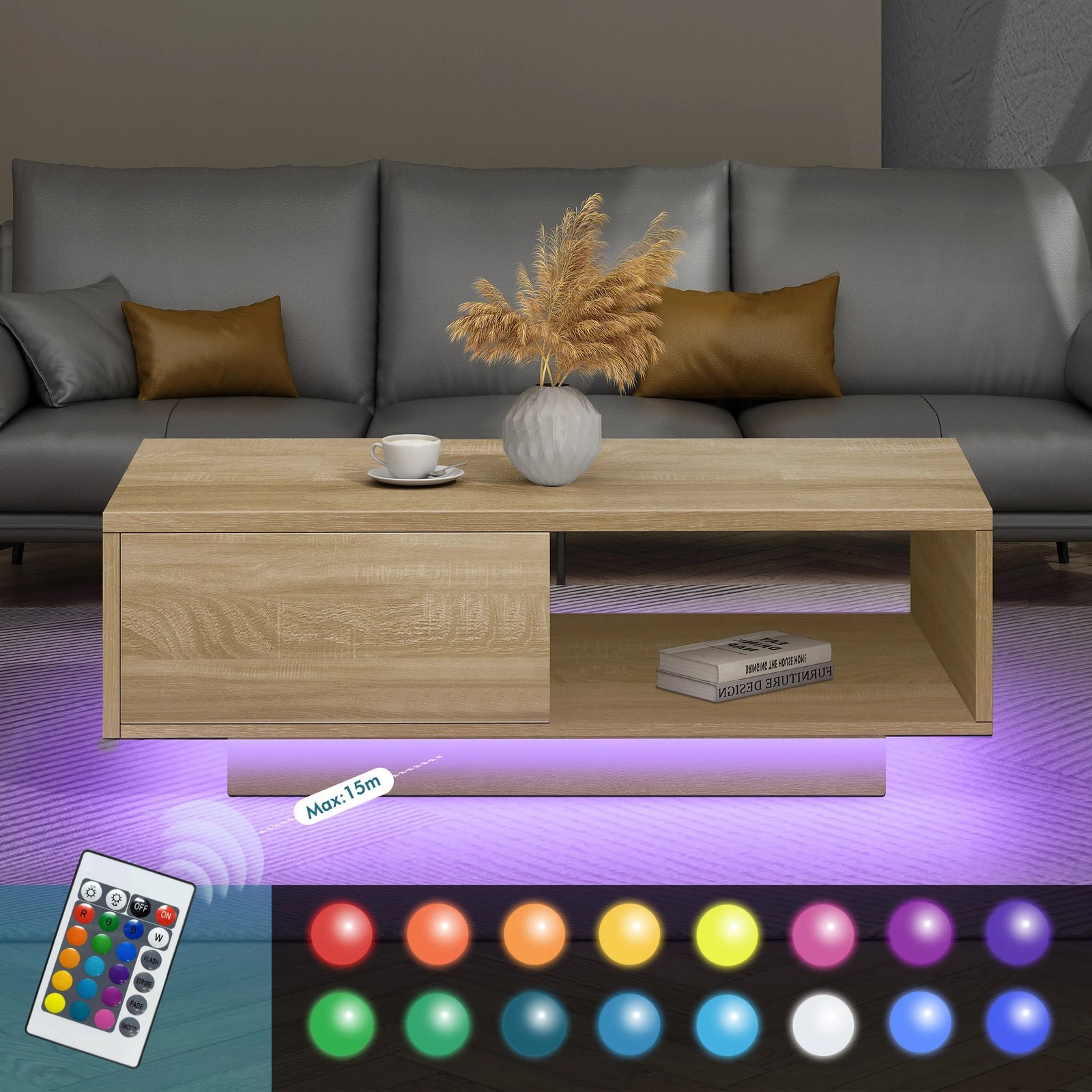 4 Alfordson Coffee Table LED RGB Light Storage Drawer Modern Furniture - Oak, 4 of 9