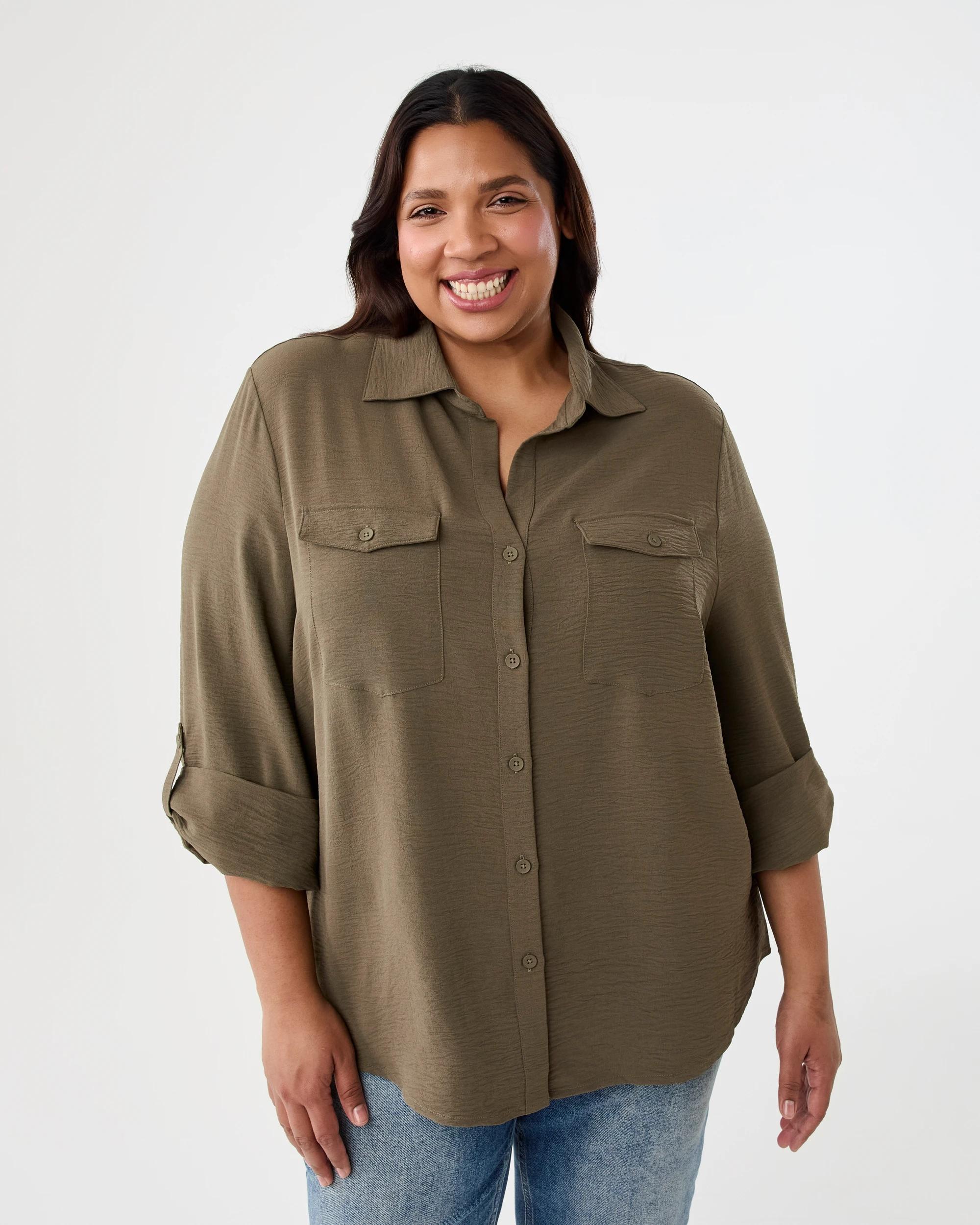 1 Curve Long Sleeve Pocket Shirt Deep Olive, 1 of 7