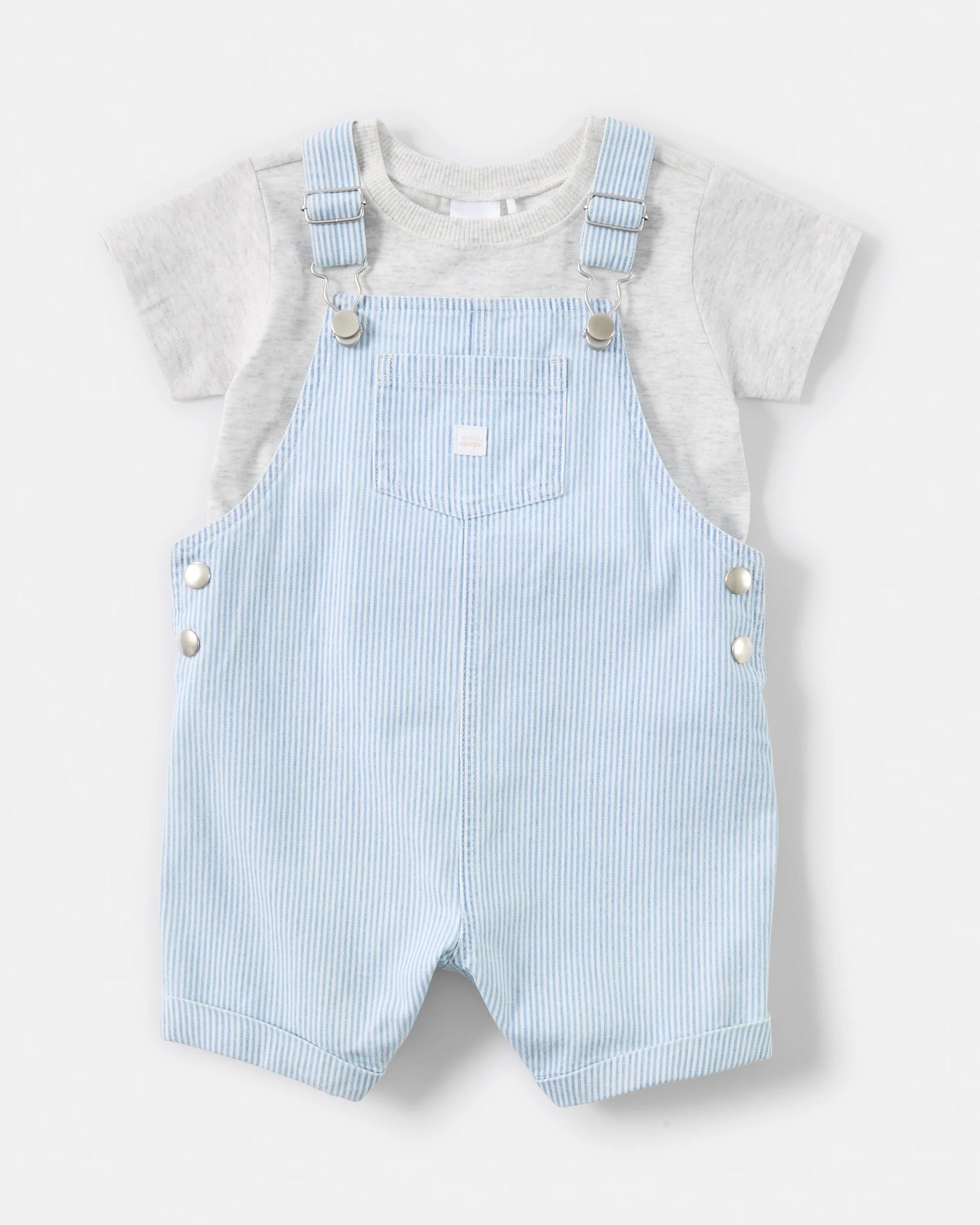 1 Short Sleeve Denim Dungaree Set BLUE STRIPE, 1 of 5